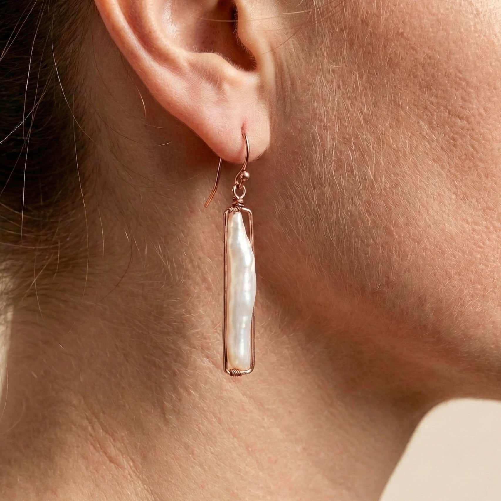 The Lustrous Meridian: Biwa Pearl Rose Gold Earrings
