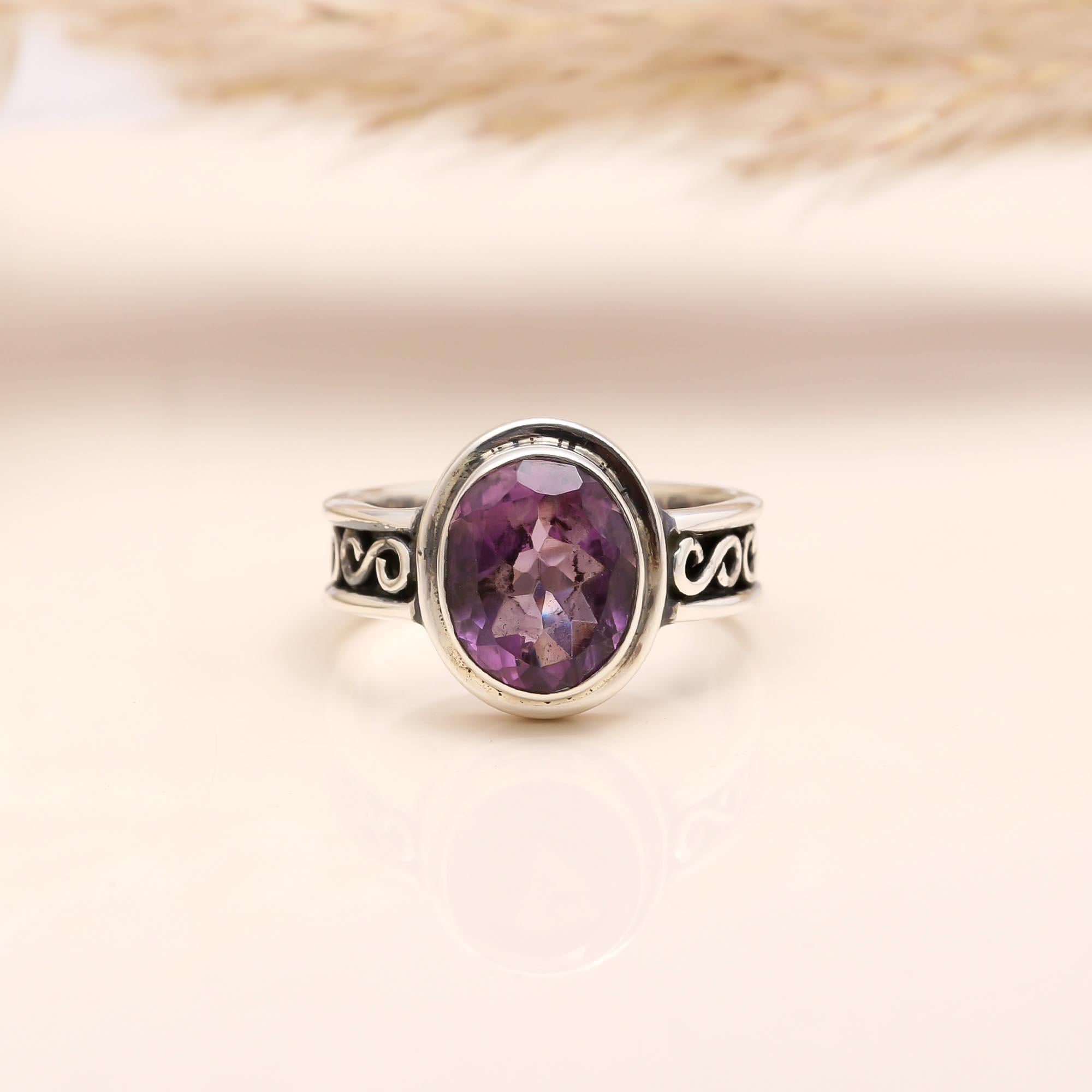 The Scroll Frame: Cushion Cut Amethyst Ring