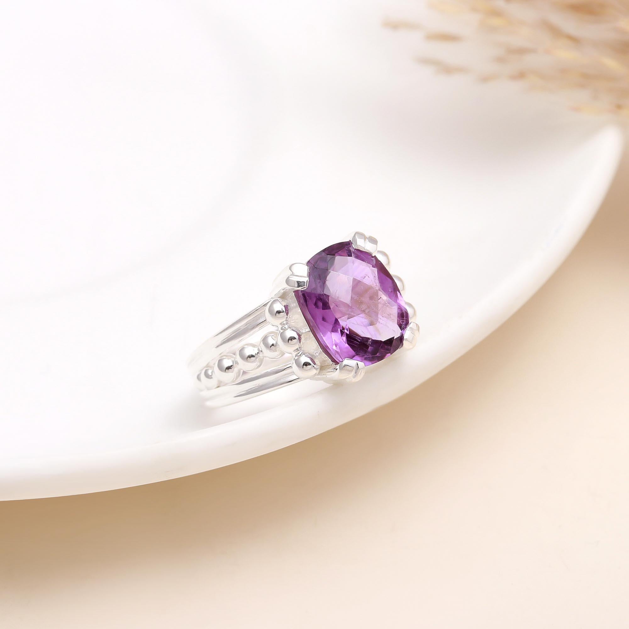 Cushion Amethyst: Vintage Style Beaded Ring