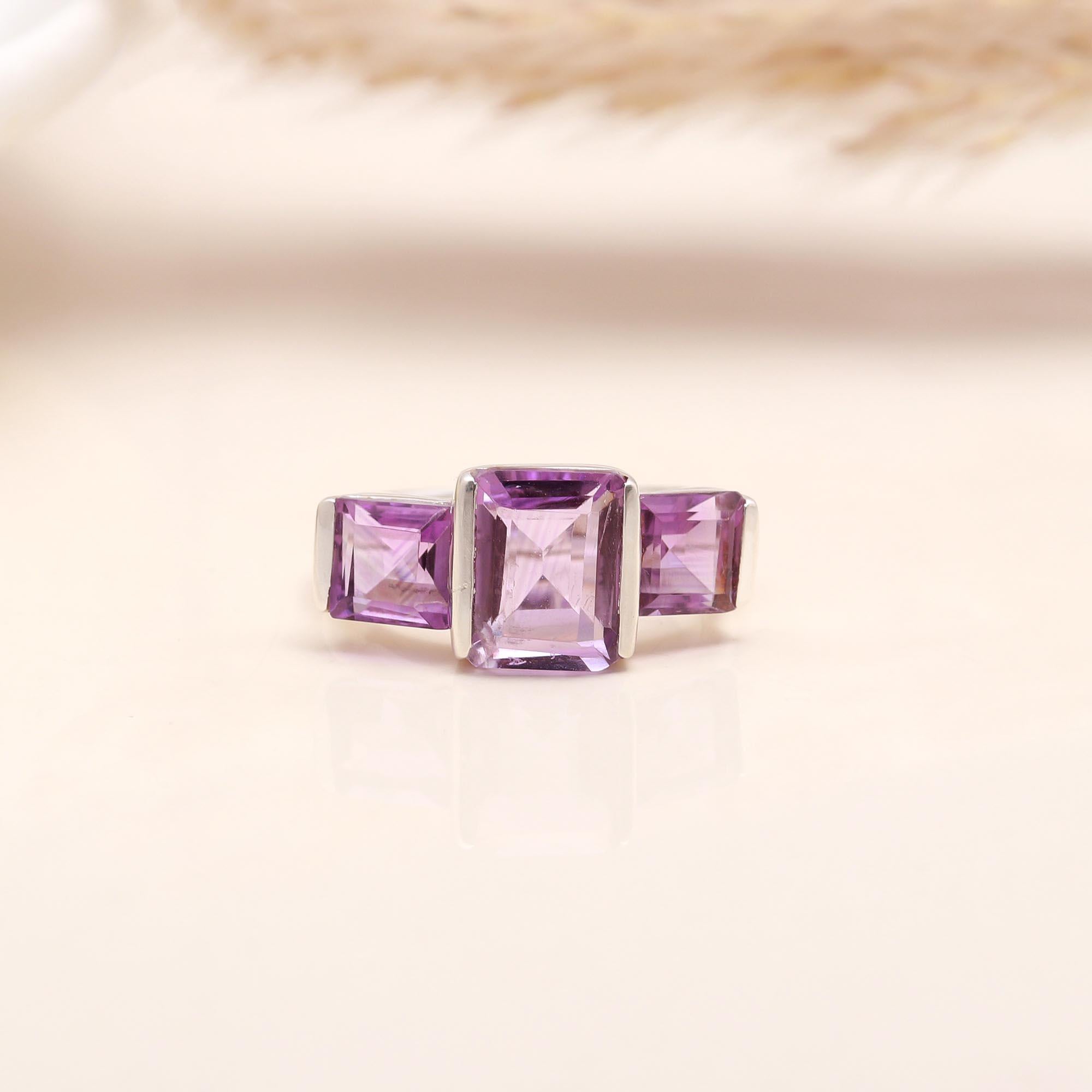 Geometric Amethyst: Modern Three Stone Ring
