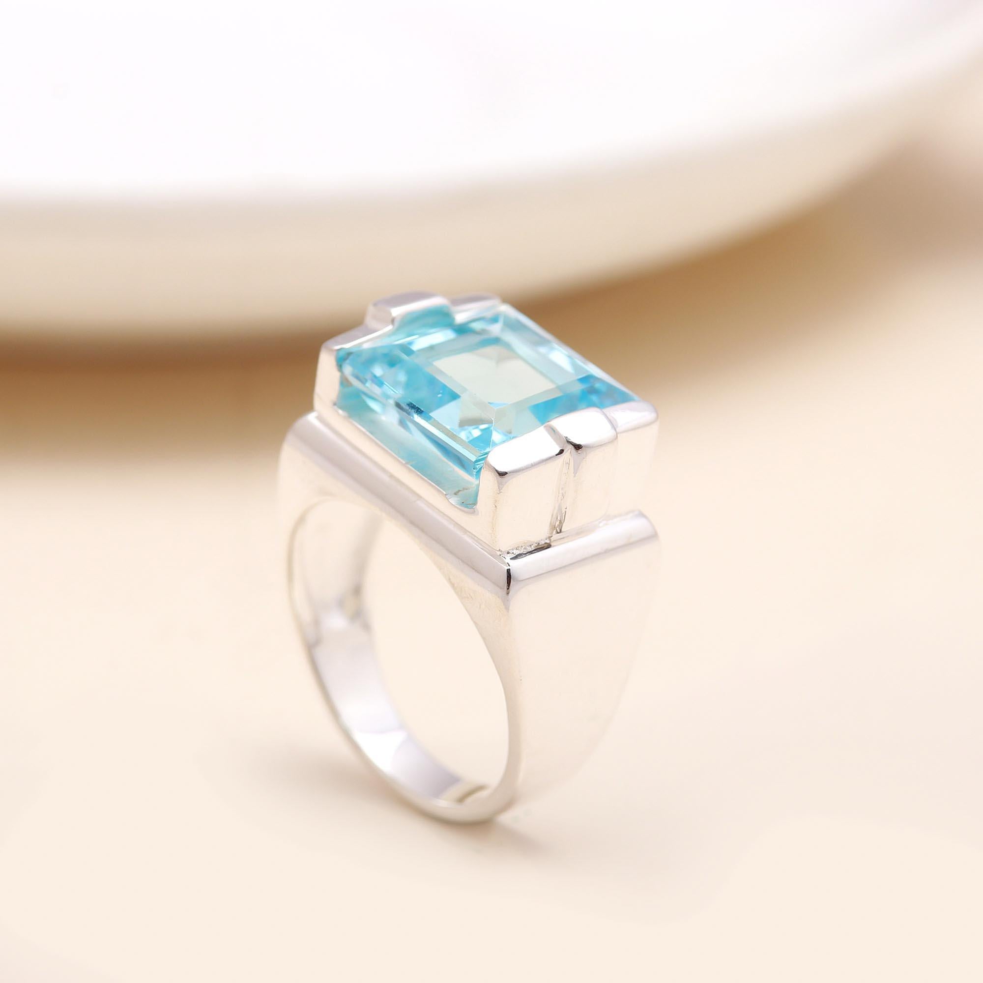 The Azure Deco: Blue Topaz Geometric Ring