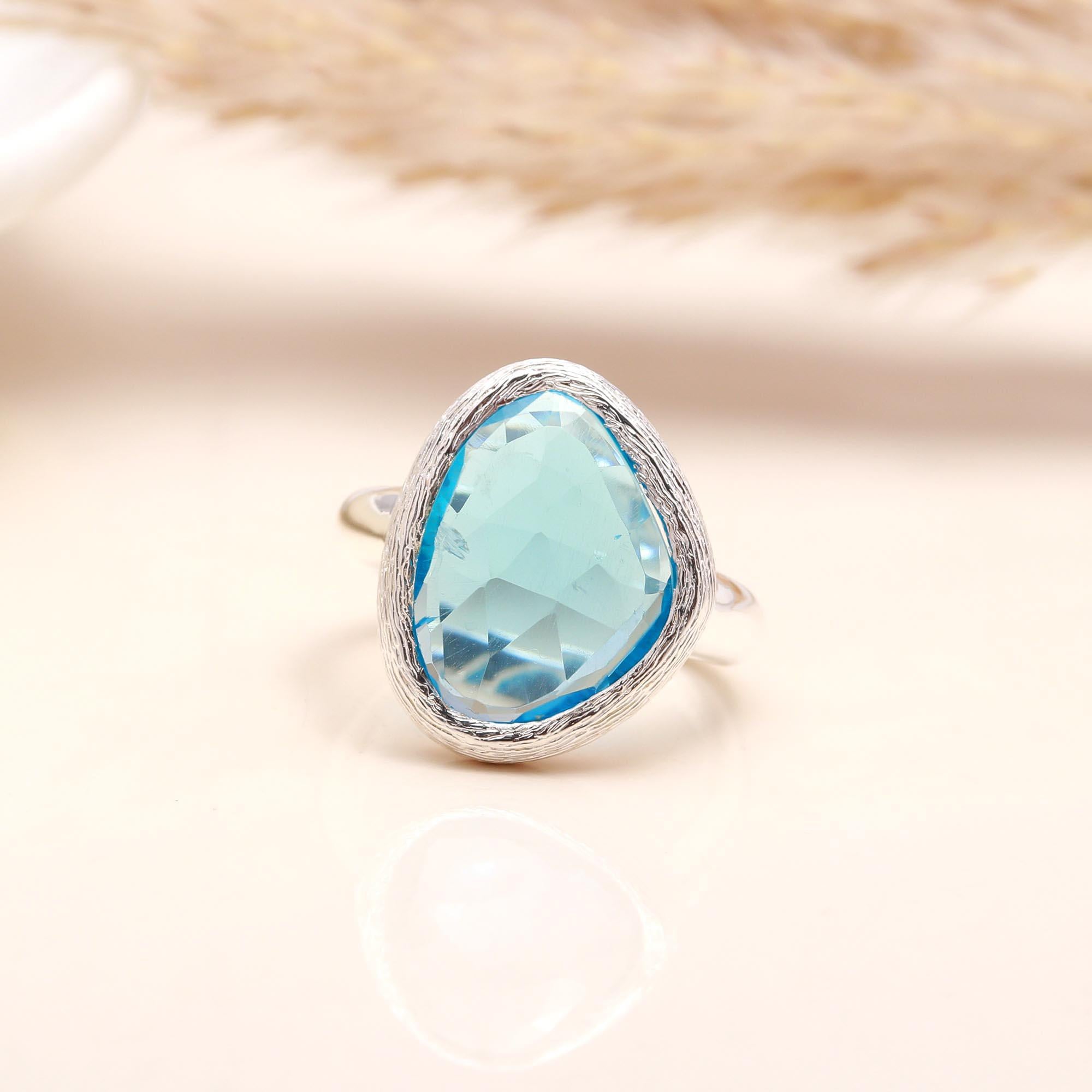 Organic Blue Topaz: Brushed Silver Cocktail Ring