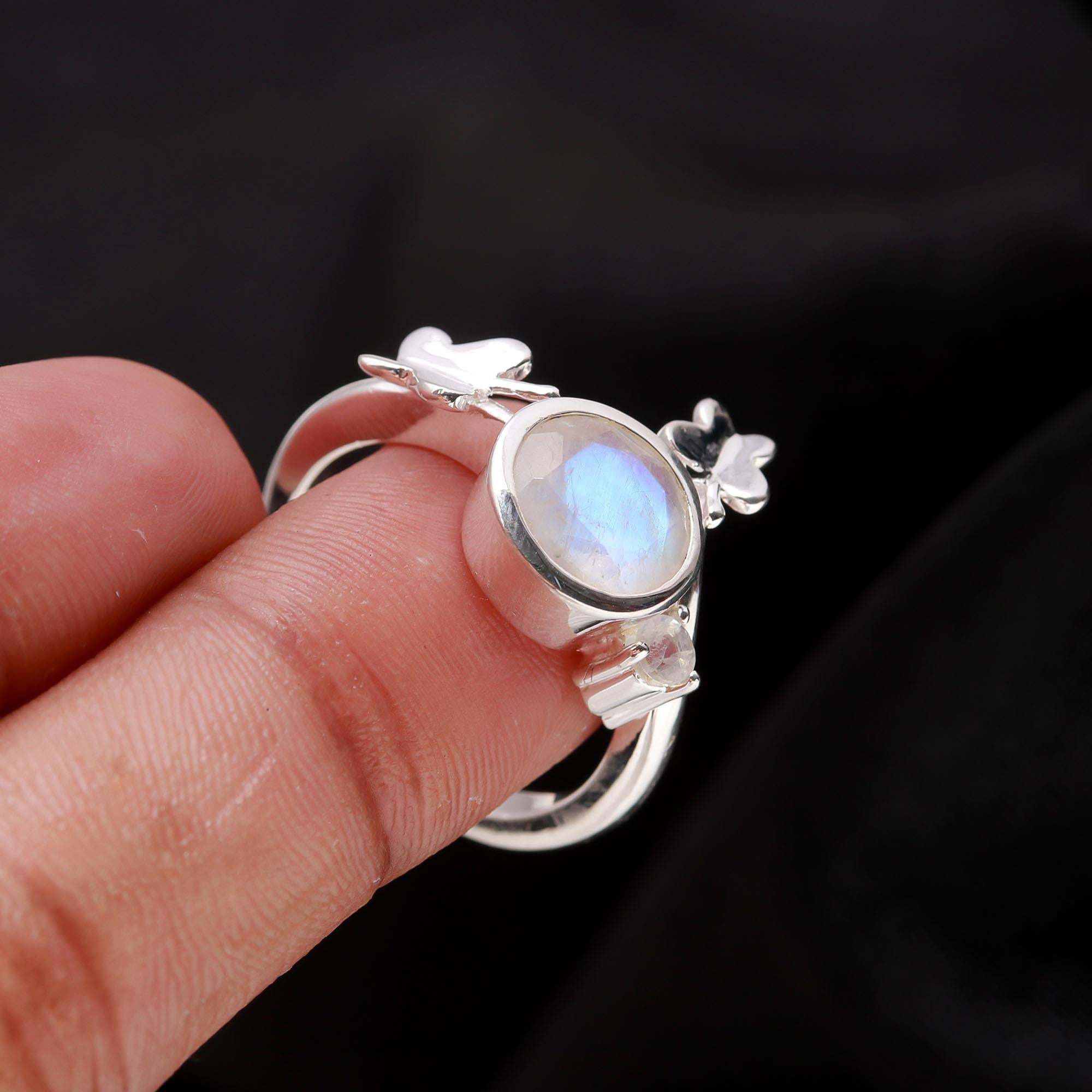 Round Moonstone: Silver Butterfly Nature Ring