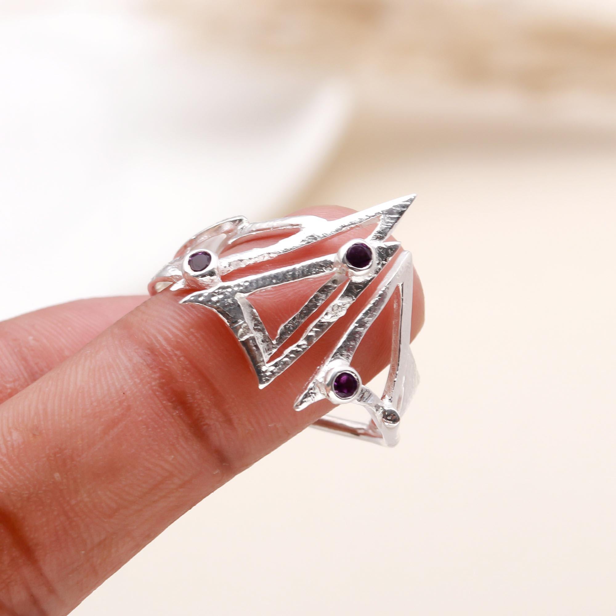 Amethyst Accents: Abstract Triangle Wire Ring