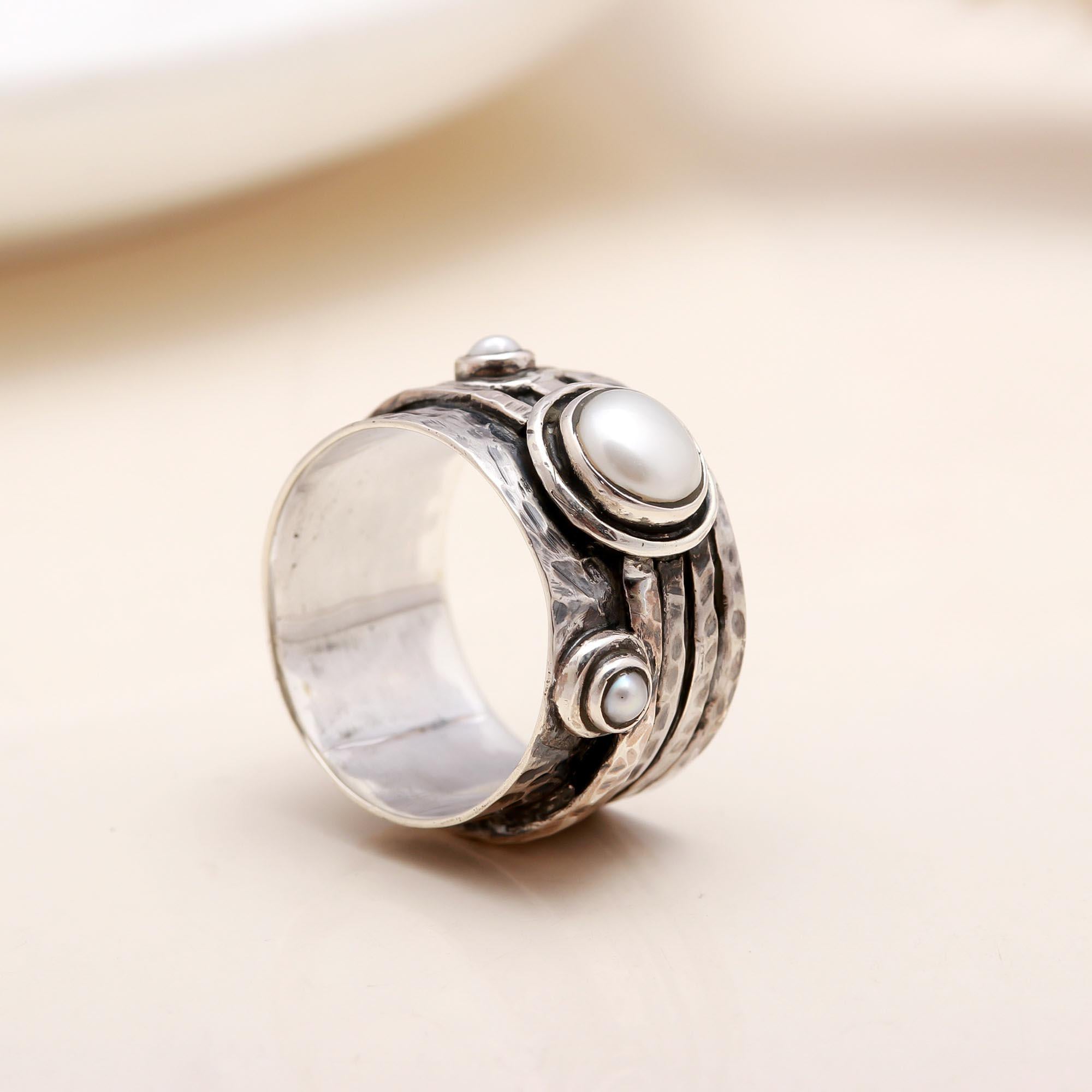 The Pearl Meditation: Wide Band Silver Spinner Ring