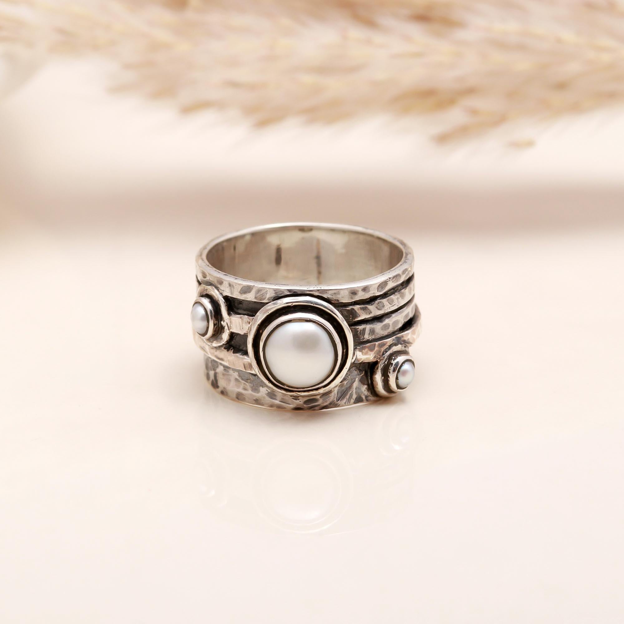 The Pearl Meditation: Wide Band Silver Spinner Ring