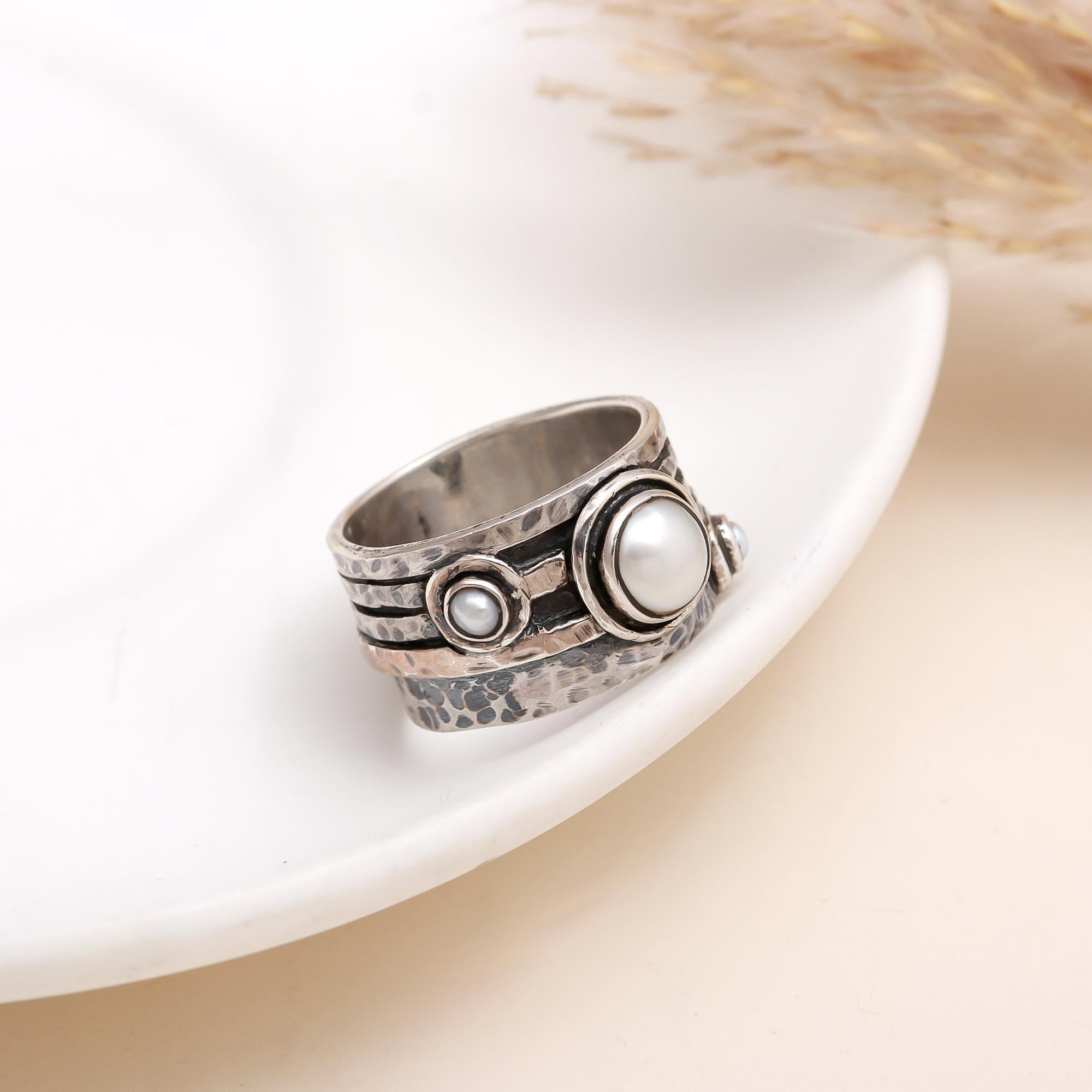 The Pearl Meditation: Wide Band Silver Spinner Ring