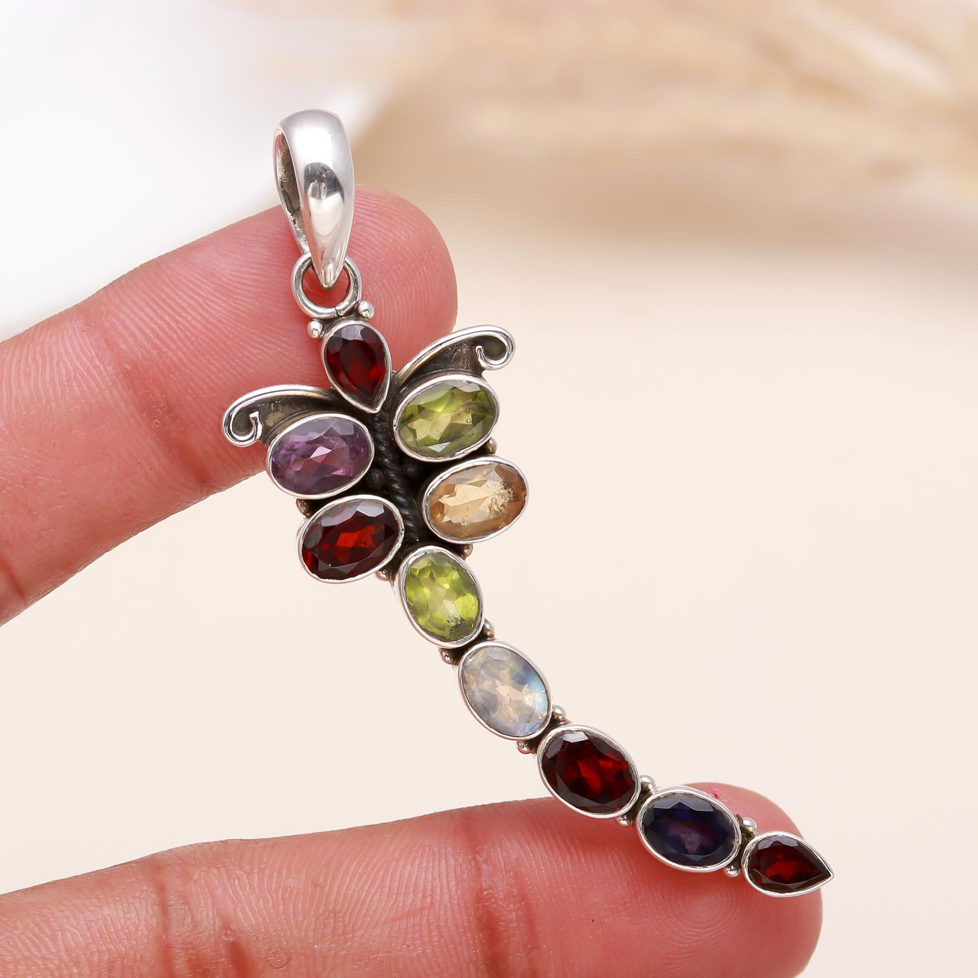 The Gemini Vivid: Multi-Gemstone Duo Bypass Silver Pendant
