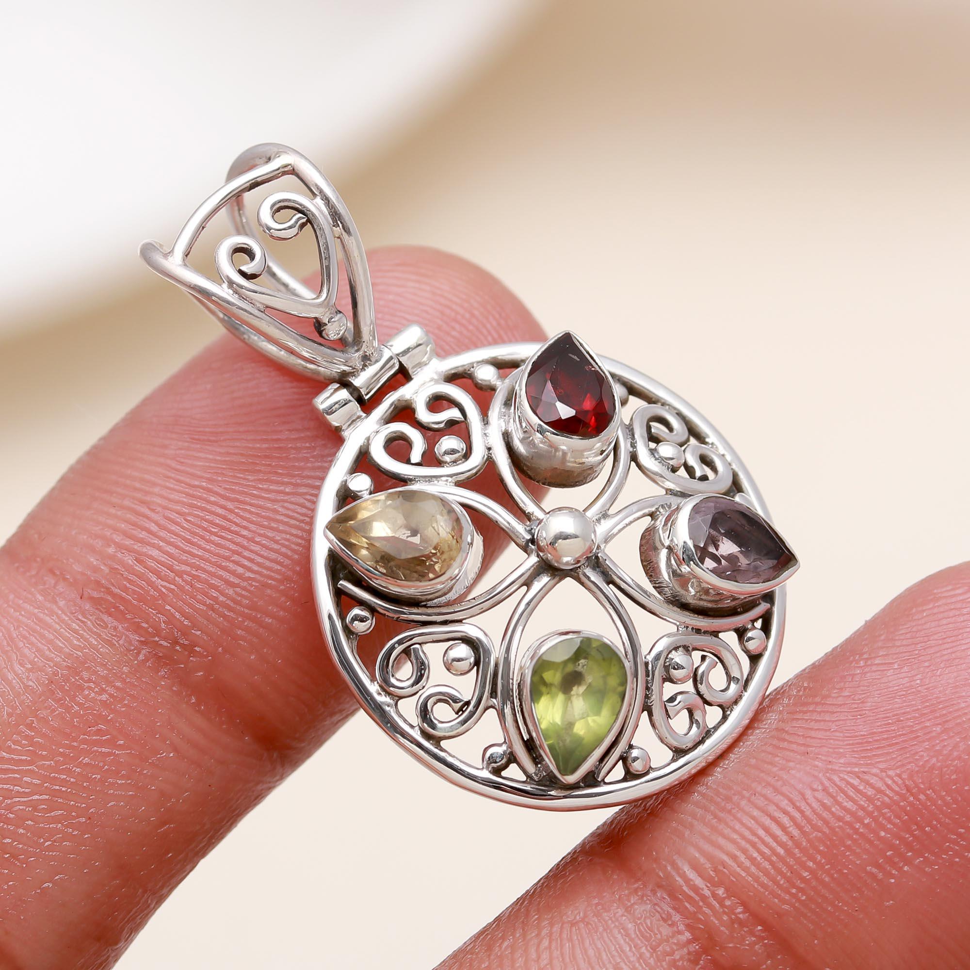 The Elemental Mosaic: Multi-Gemstone Ornate Silver Pendant
