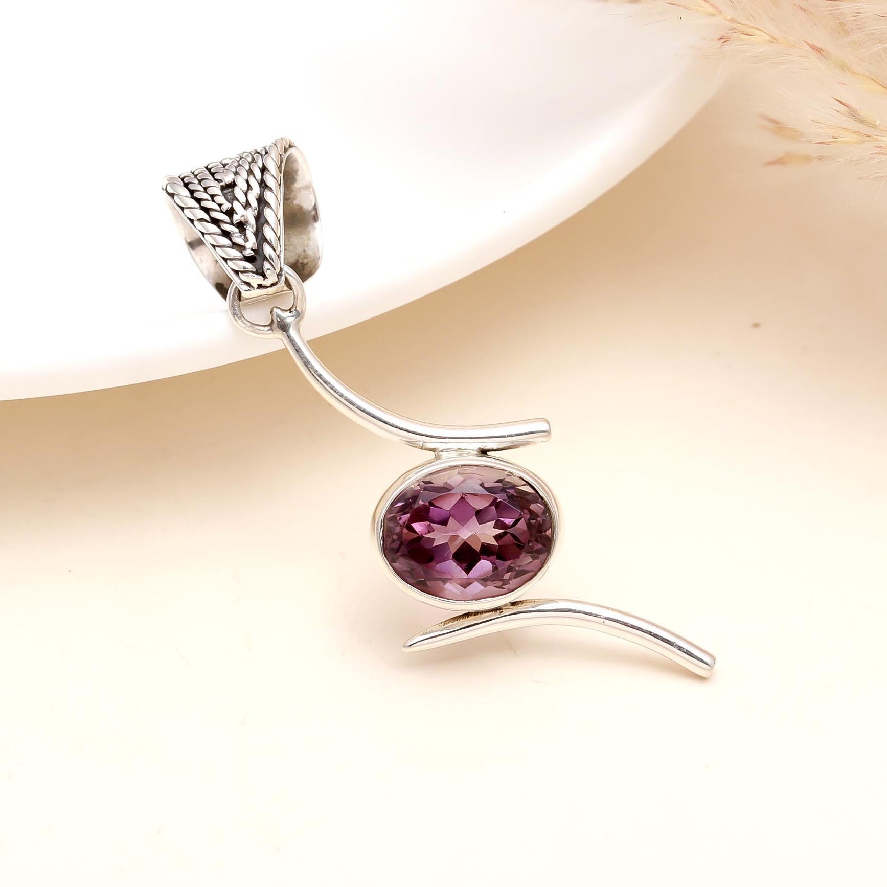 The Modern Wave: Amethyst Articulated Silver Pendant