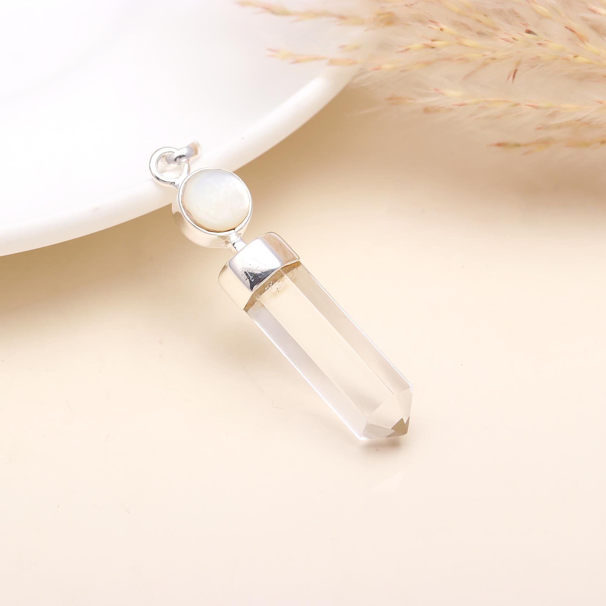 Clear Quartz Pendant with Moonstone in 925 Sterling Silver
