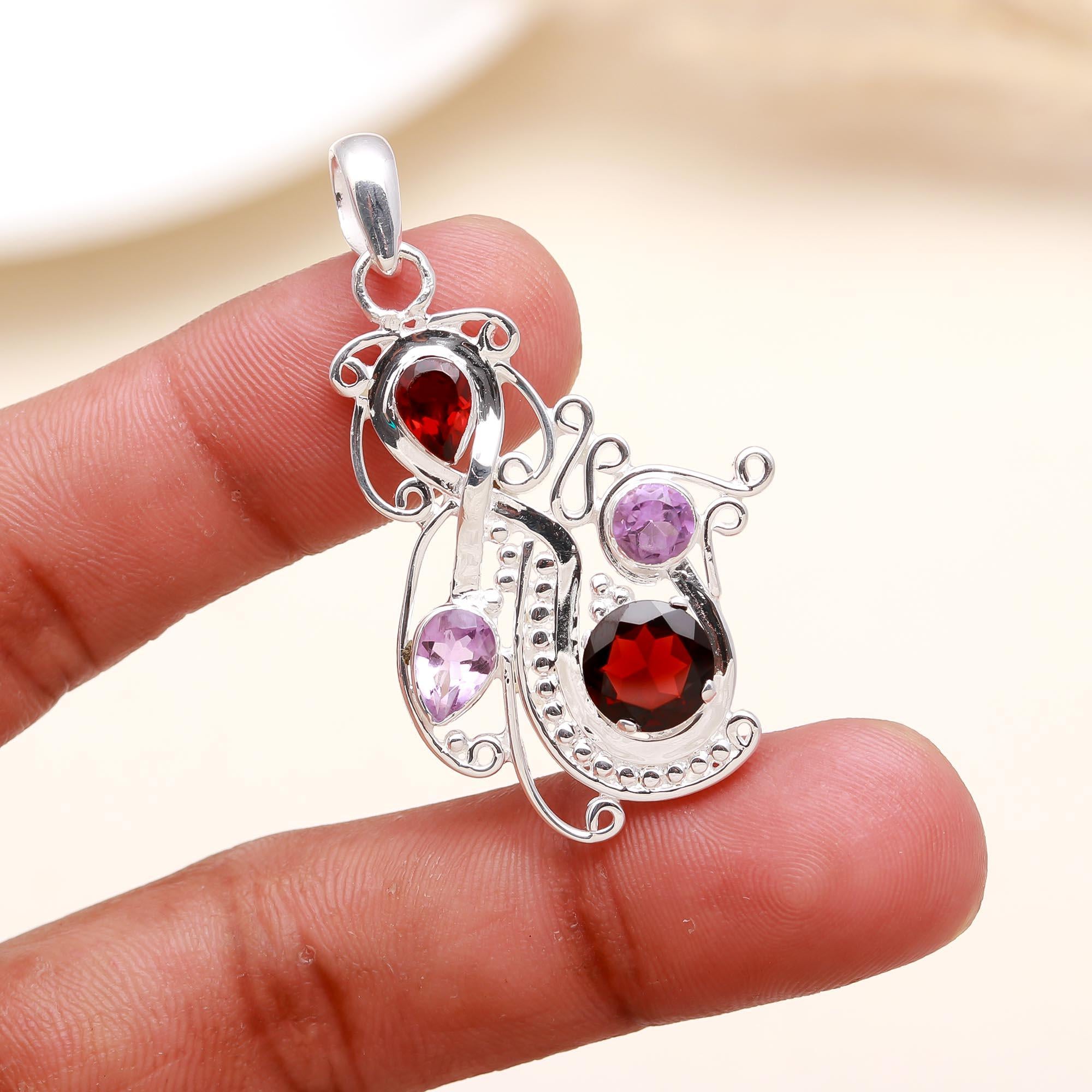 925 Sterling Silver Amethyst and Garnet Pendant