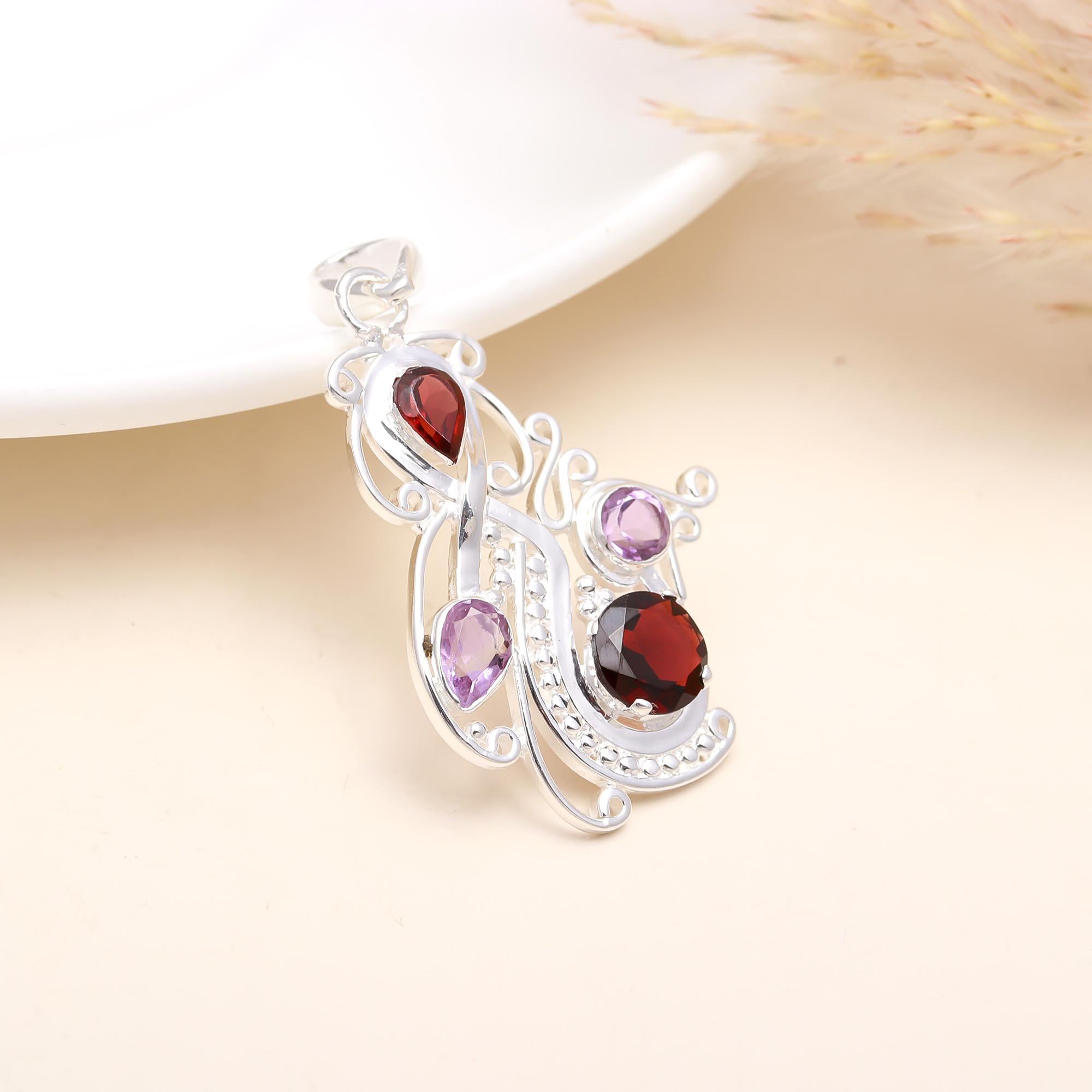 925 Sterling Silver Amethyst and Garnet Pendant