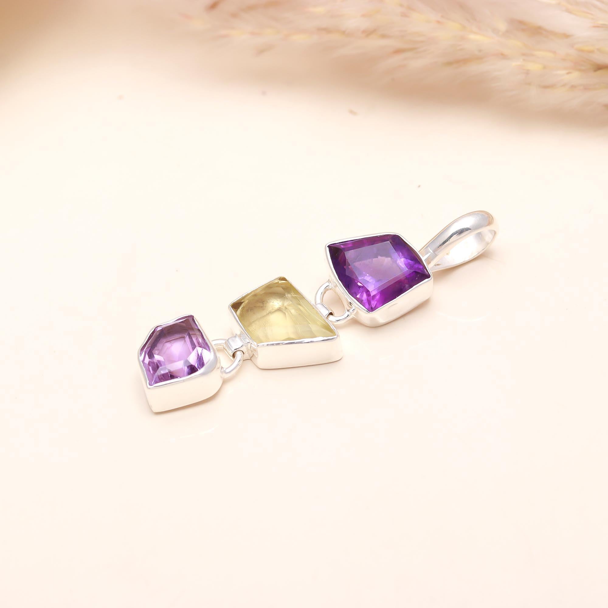 The Geometric Cascade: Amethyst & Lemon Quartz Silver Pendant