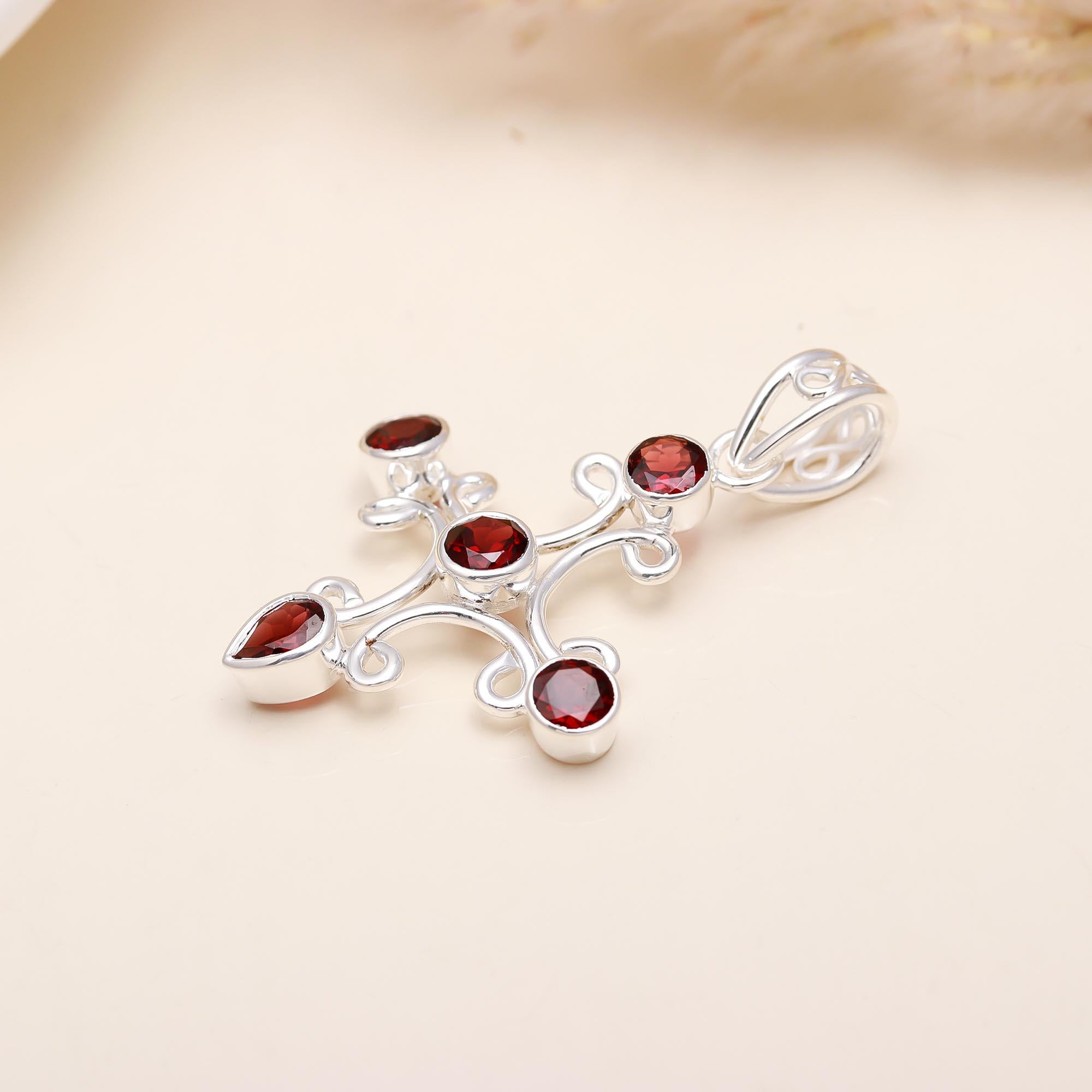 The Garnet Vine: Scroll Branch Garnet Silver Pendant