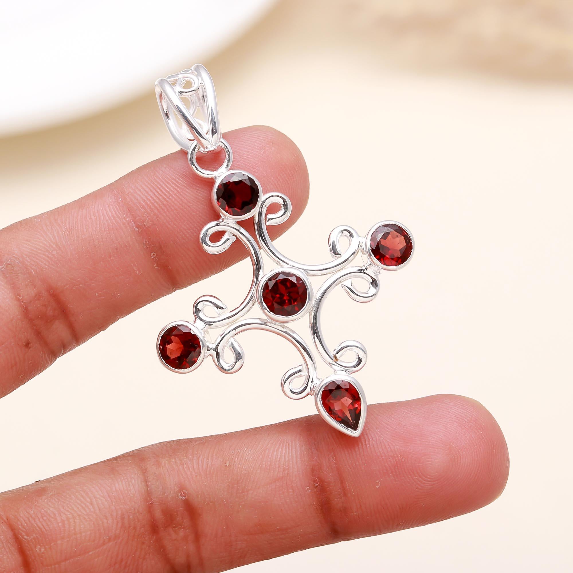 The Garnet Vine: Scroll Branch Garnet Silver Pendant