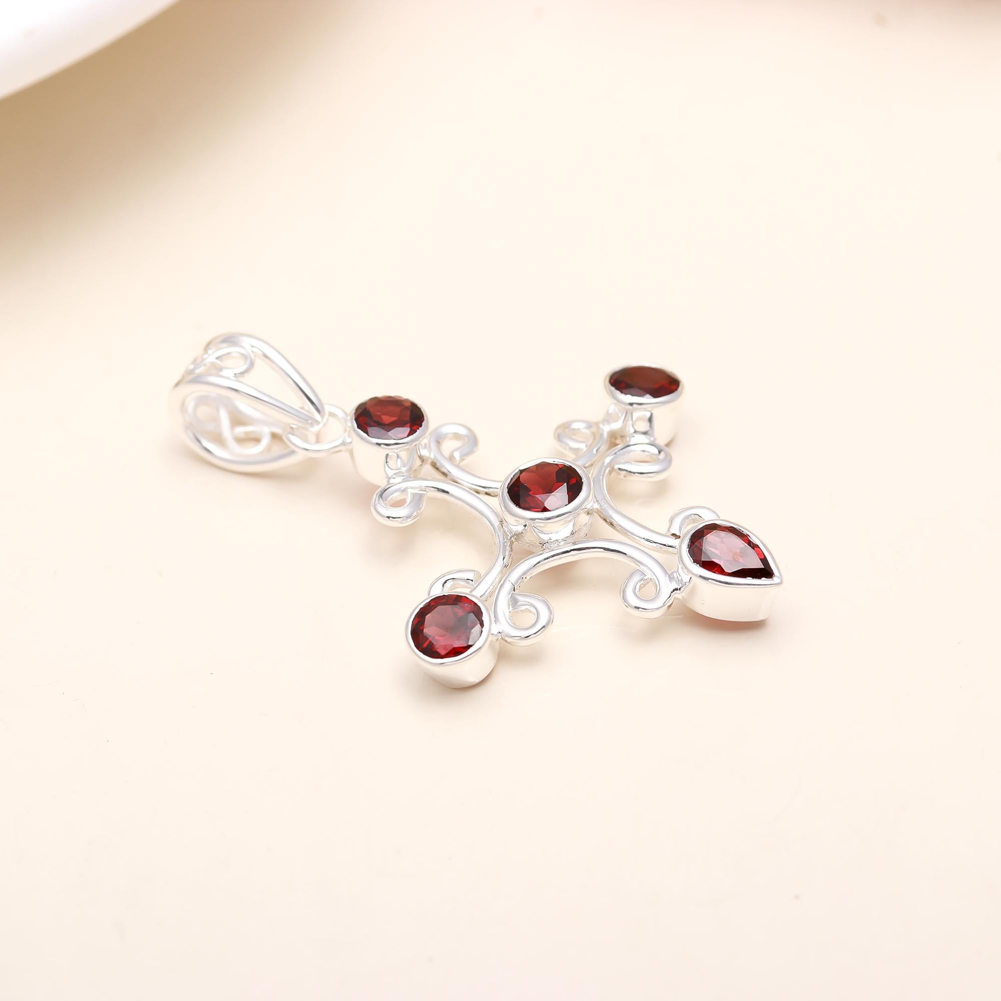 The Garnet Vine: Scroll Branch Garnet Silver Pendant
