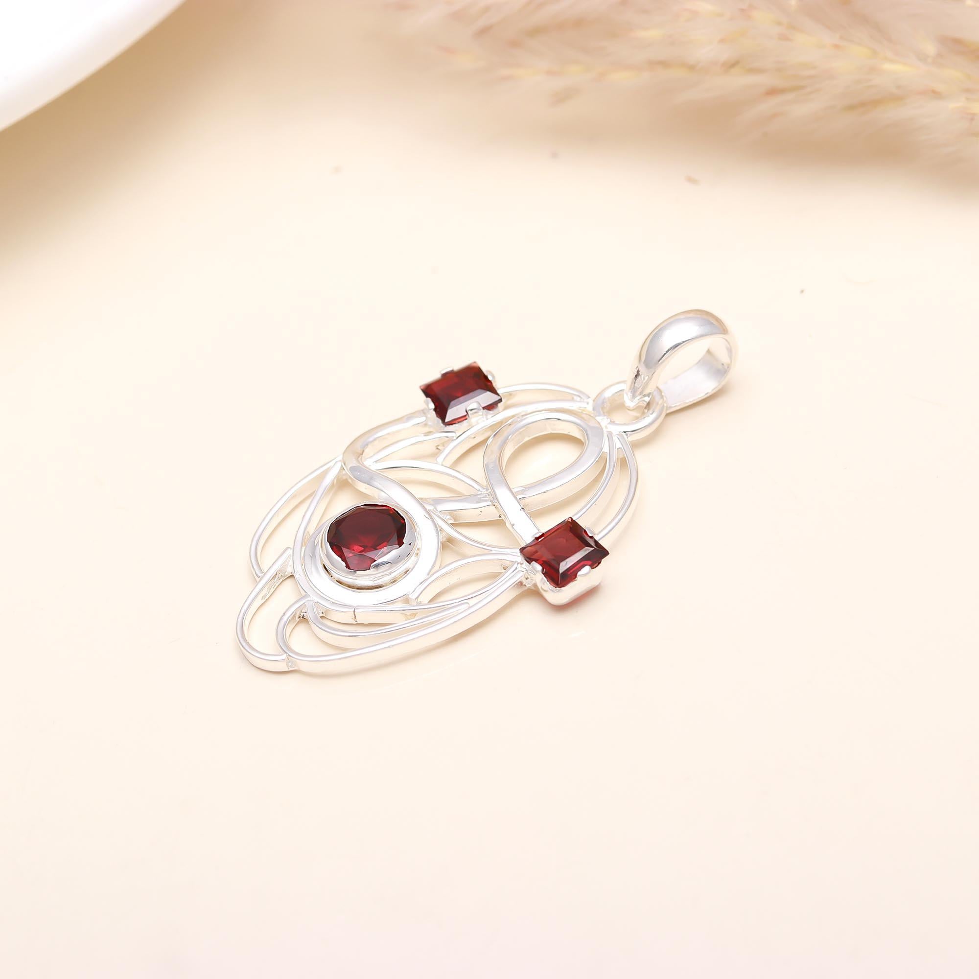 Fine Sterling Silver Natural Garnet Gemstone Pendant