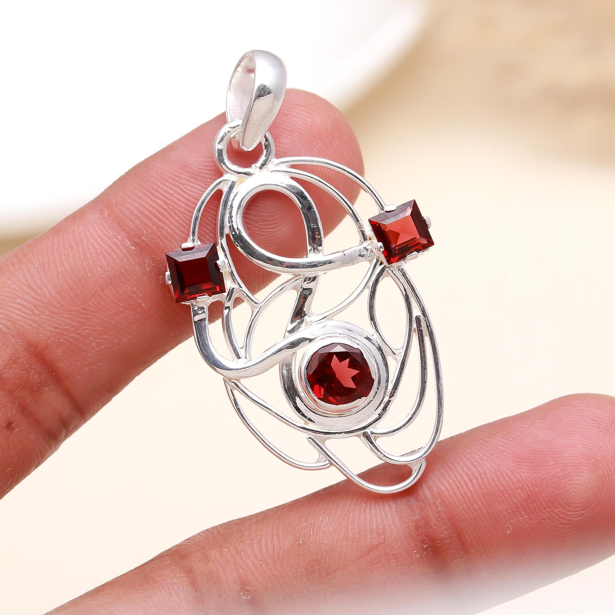 Fine Sterling Silver Natural Garnet Gemstone Pendant