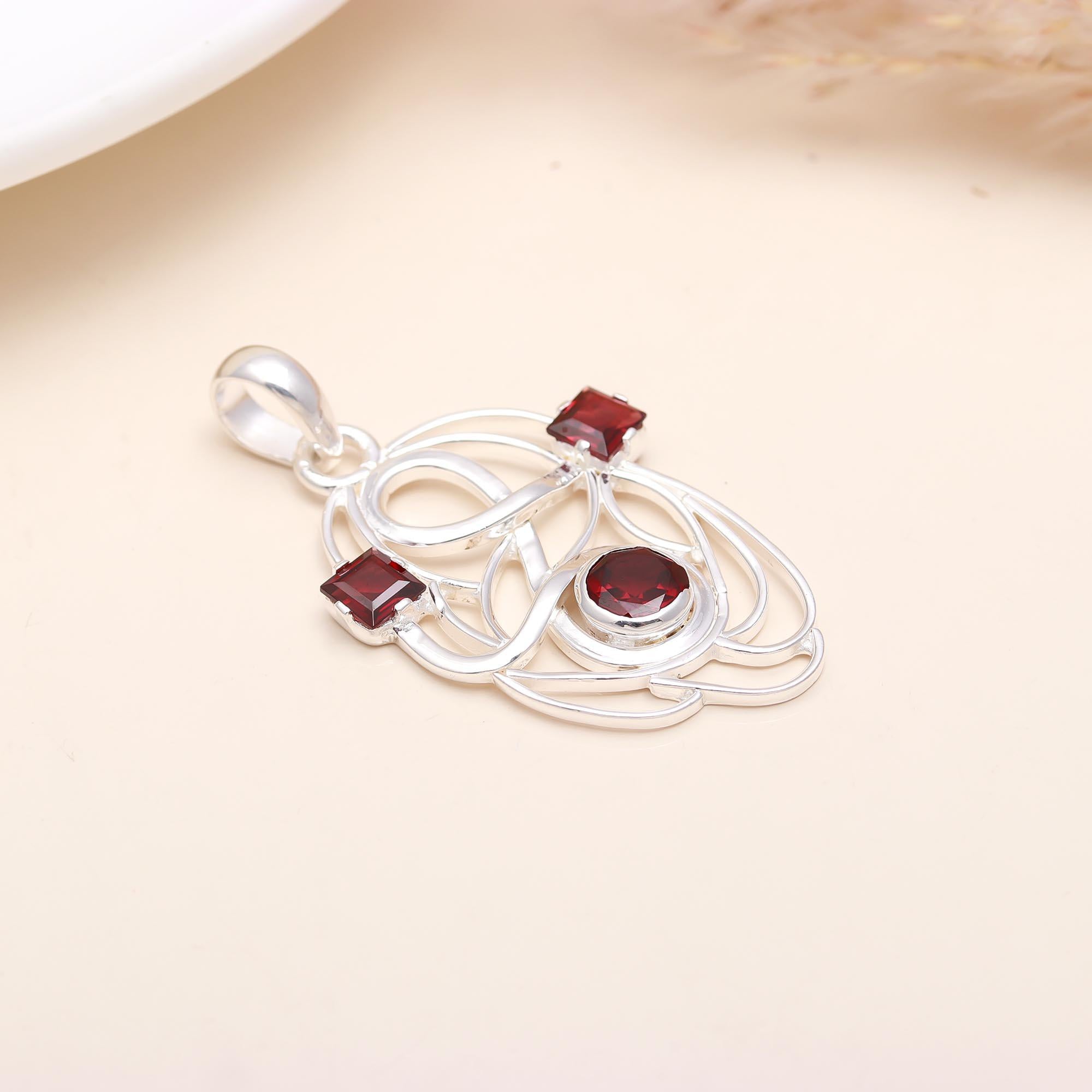 Fine Sterling Silver Natural Garnet Gemstone Pendant