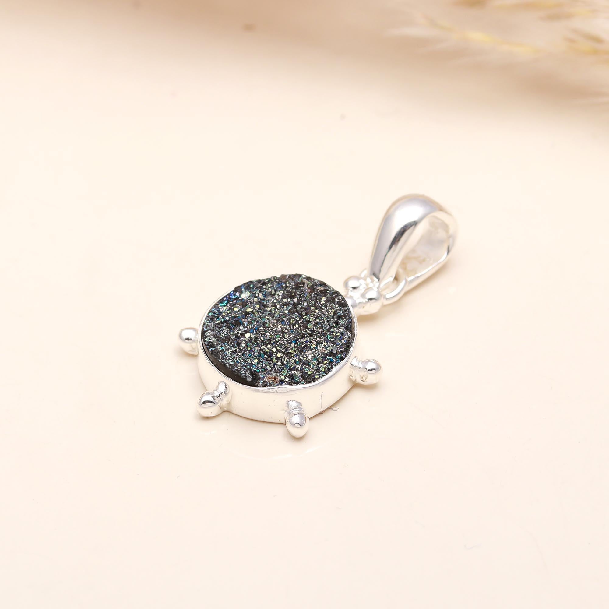 The Galaxy Stone: Black Druzy Granule Halo Silver Pendant