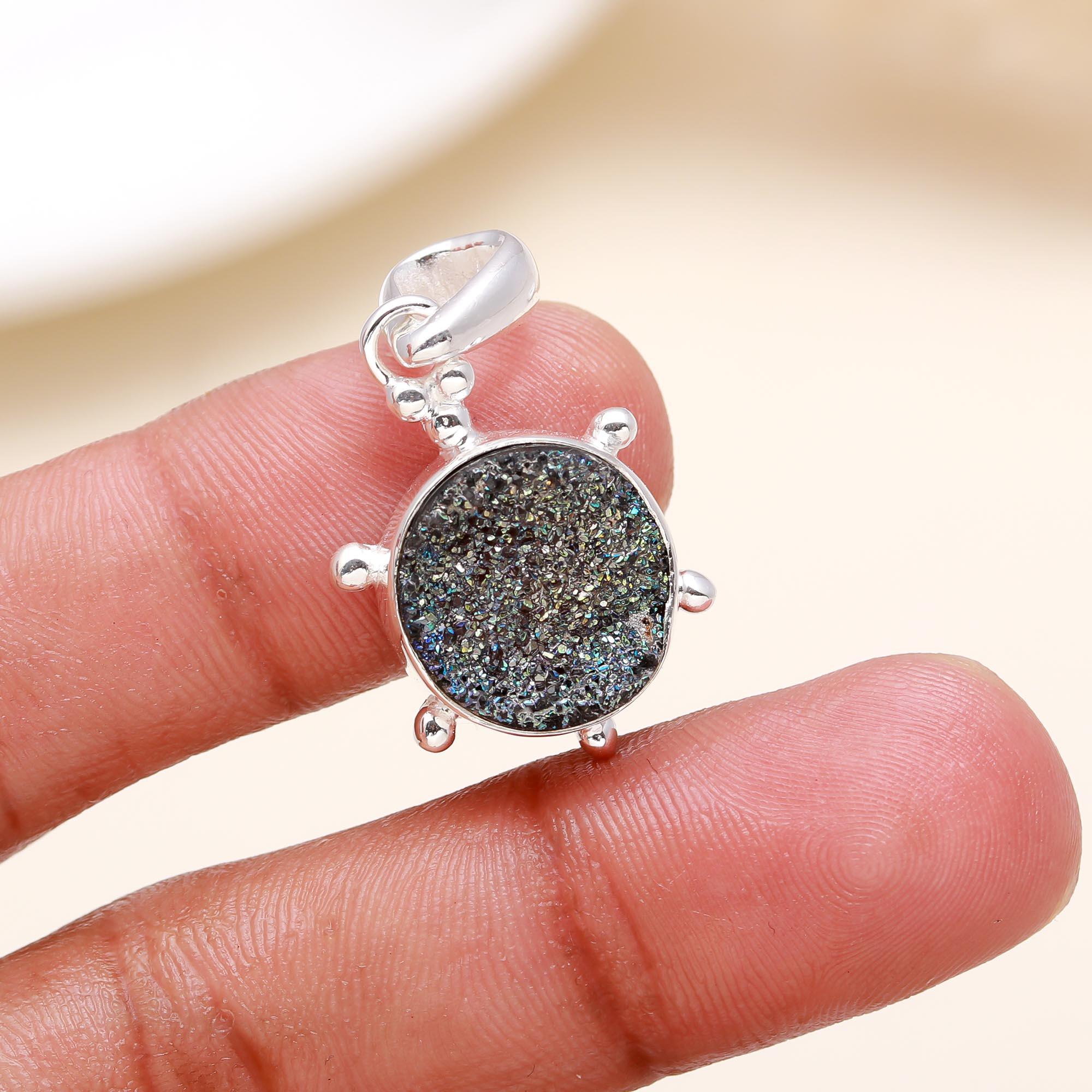 The Galaxy Stone: Black Druzy Granule Halo Silver Pendant