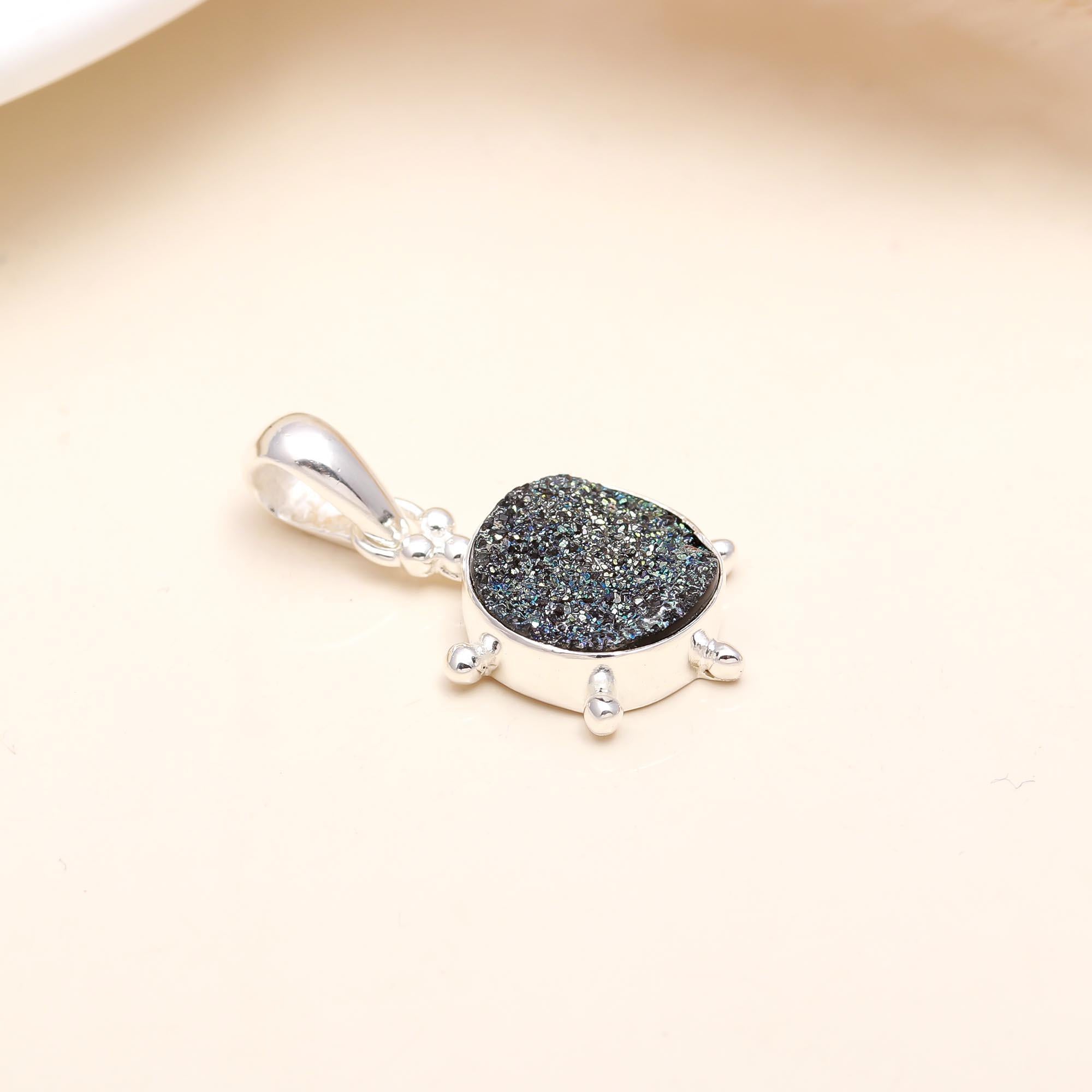 The Galaxy Stone: Black Druzy Granule Halo Silver Pendant