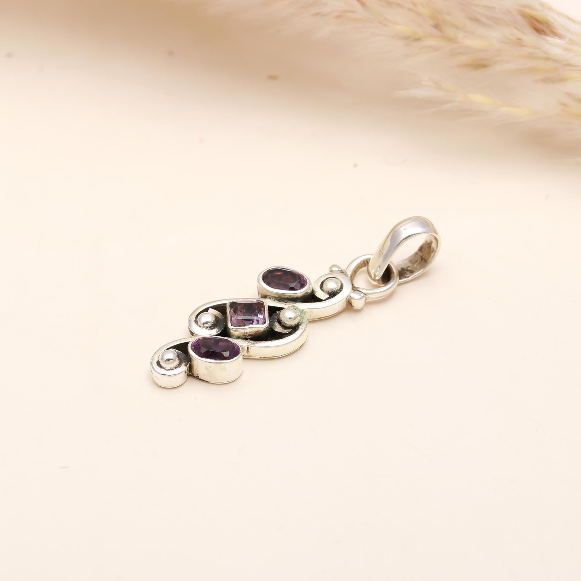 The Lavender Trio: Amethyst Granule Scroll Silver Pendant