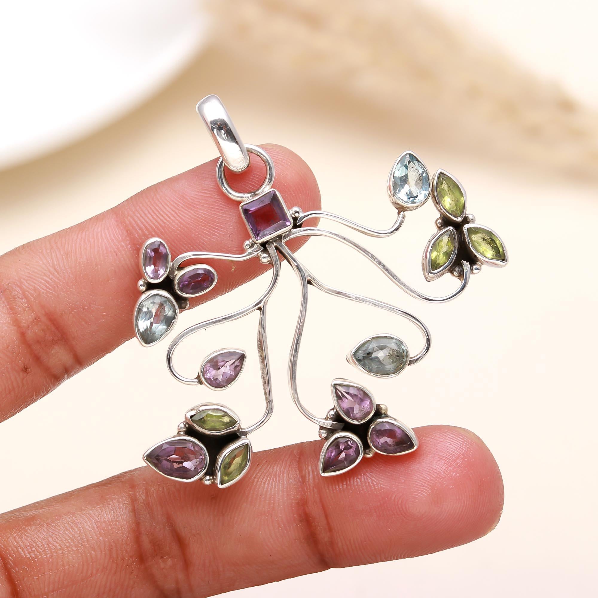 The Garden Bloom: Multi-Stone Floral Branch Silver Pendant