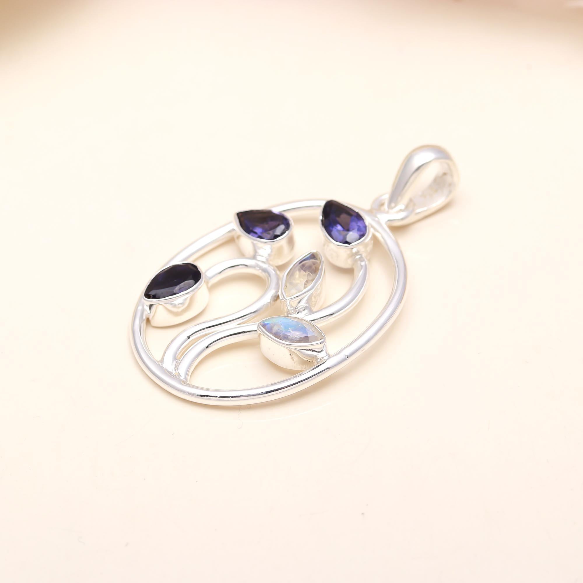 The Night Garden: Iolite & Rainbow Moonstone Branch Silver Pendant