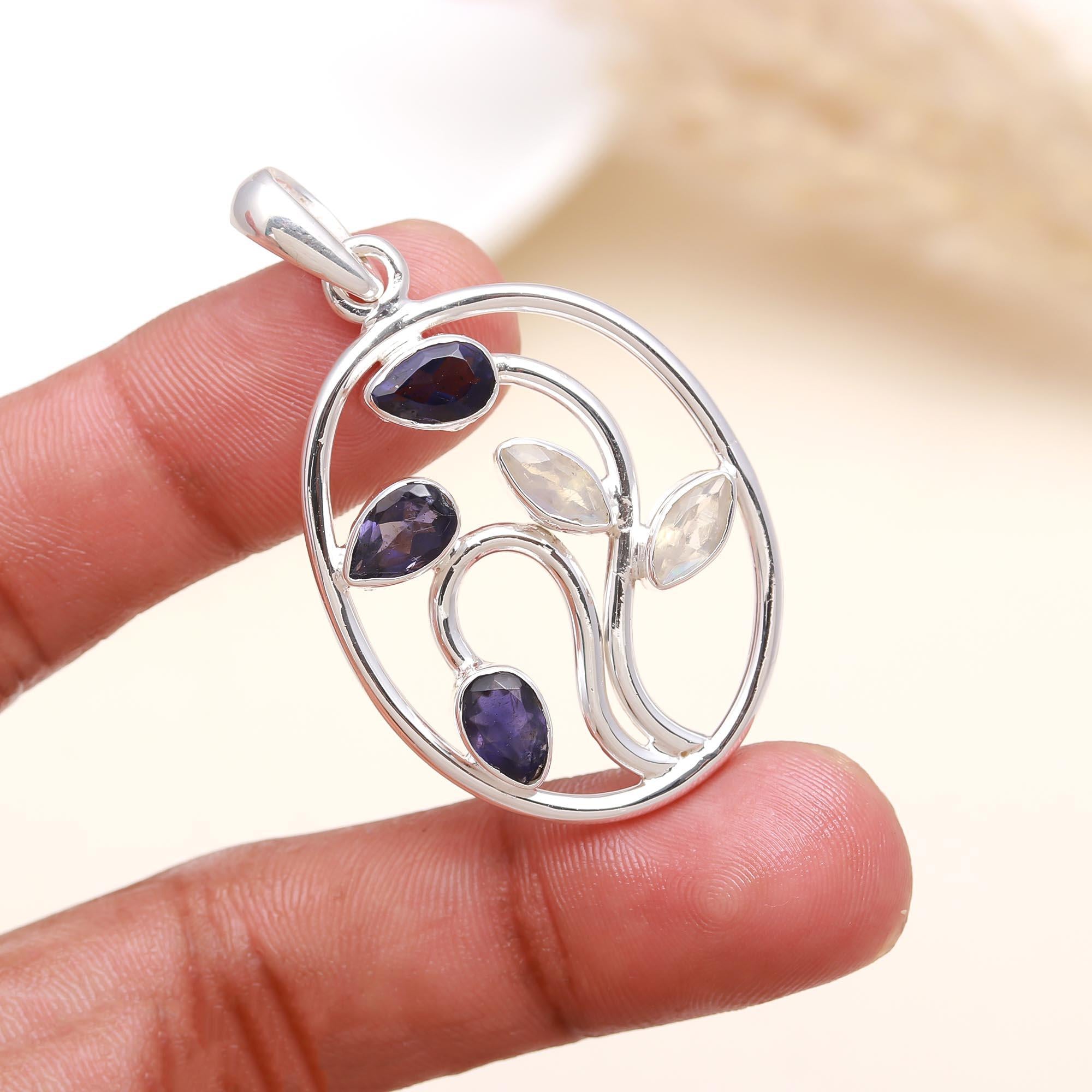 The Night Garden: Iolite & Rainbow Moonstone Branch Silver Pendant