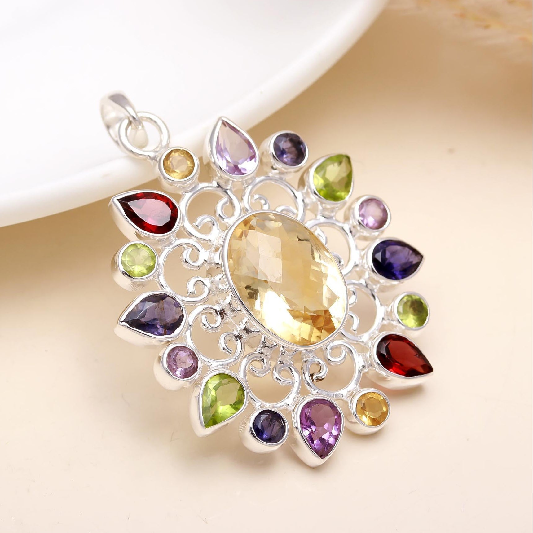The Mandala Bloom: Multi-Gemstone Filigree Sunburst Pendant