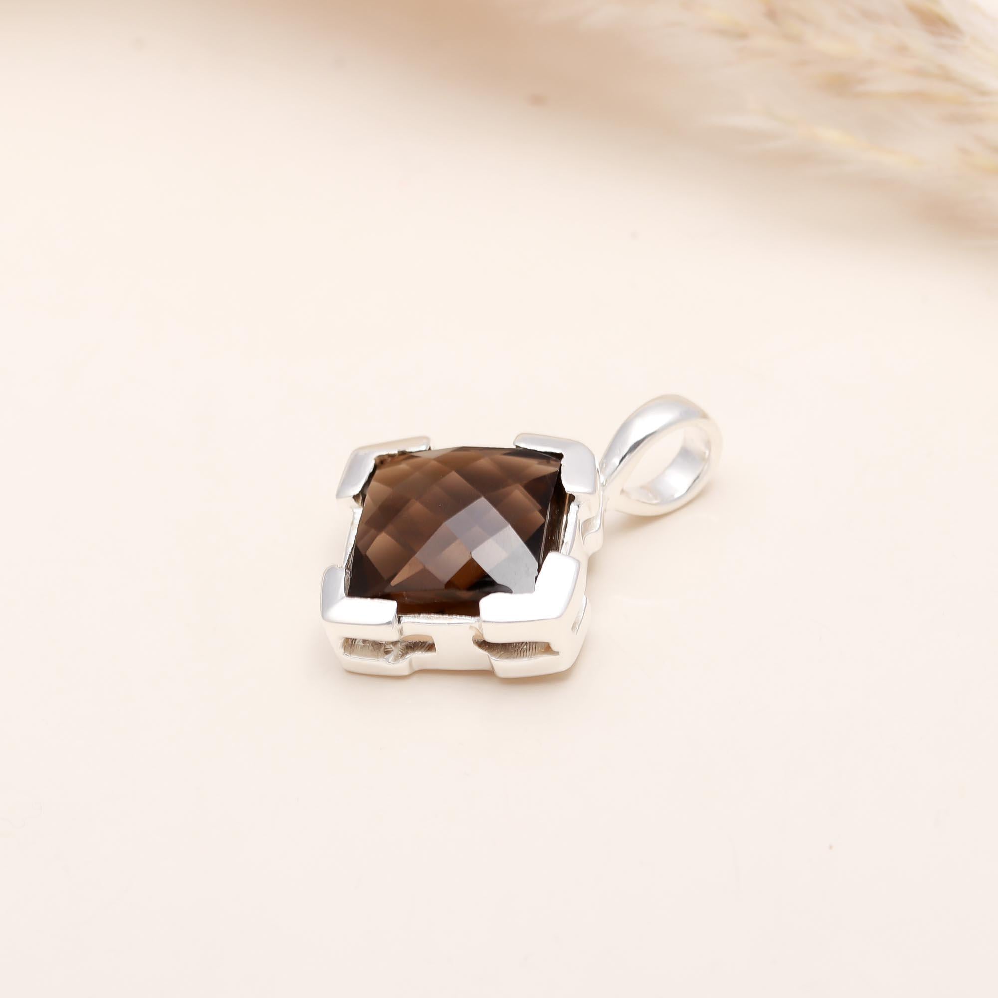 The Smoked Cube: Smoky Quartz Solitaire Silver Pendant