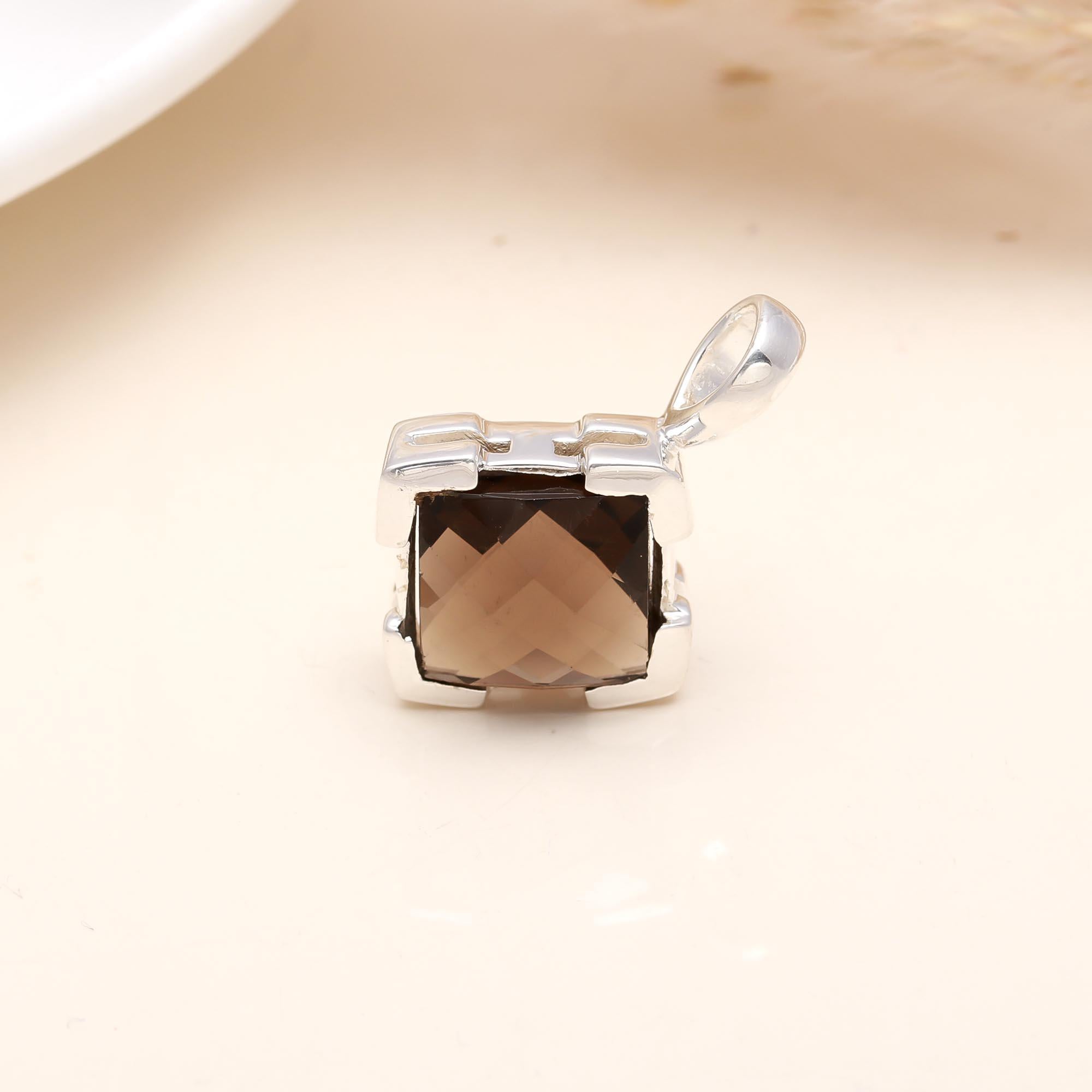 The Smoked Cube: Smoky Quartz Solitaire Silver Pendant
