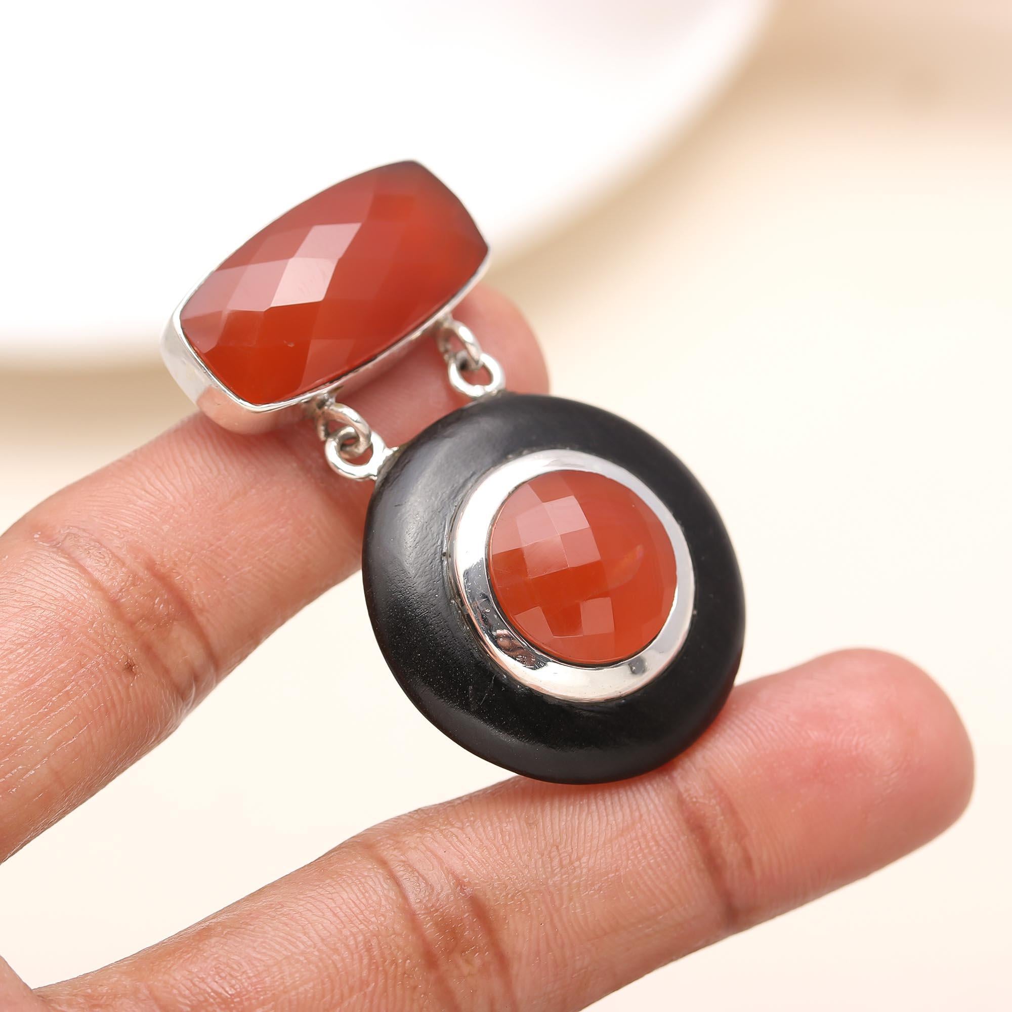 The Fire Ring: Carnelian Black Onyx Drop Silver Pendant