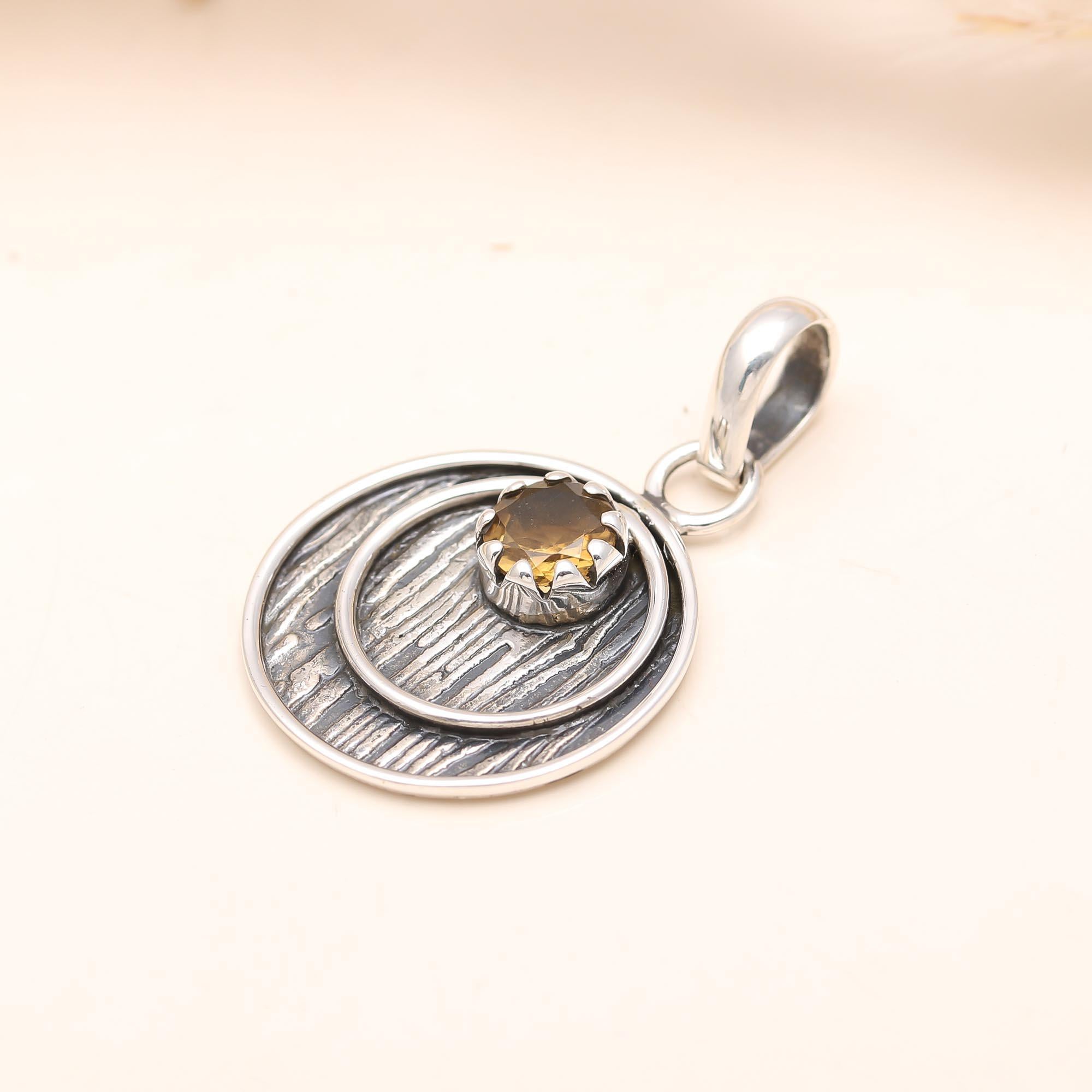 The Rustic Ripple: Textured Sterling Silver Citrine Pendant