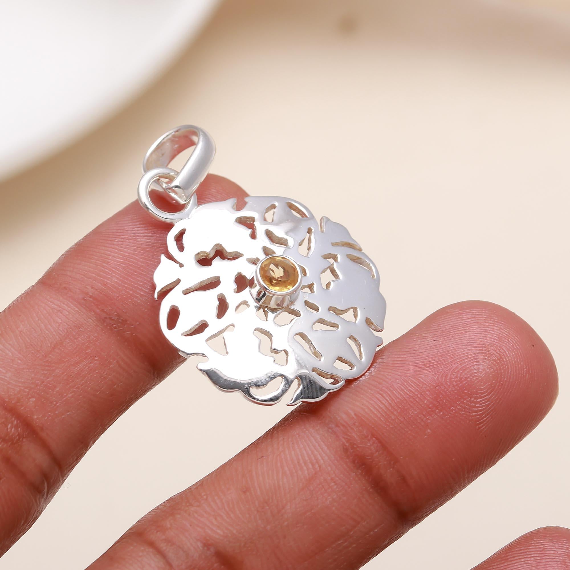 Round Citrene In Floral Silver Pendant