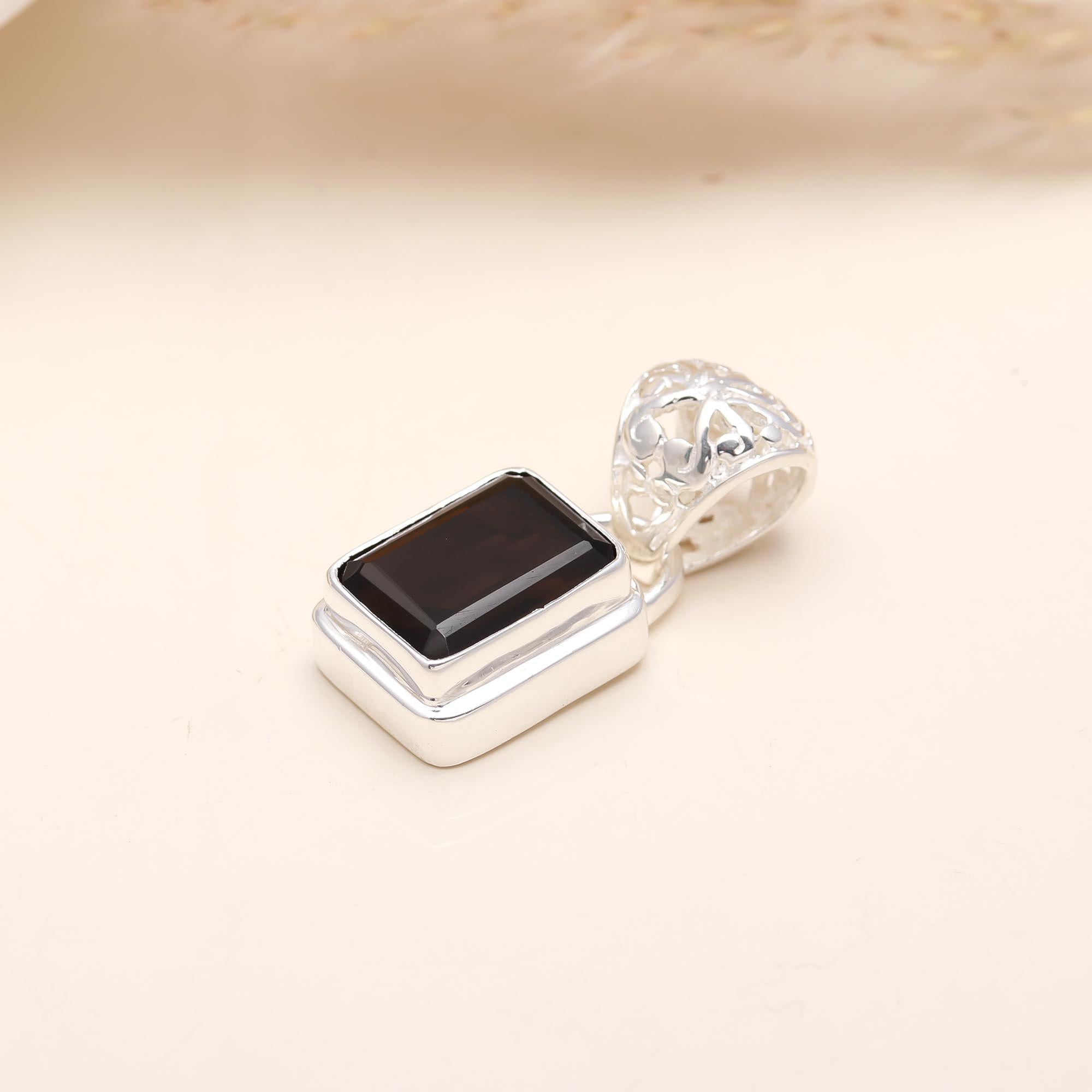 Emerald Cut Smokey Quartz Silver Pendant