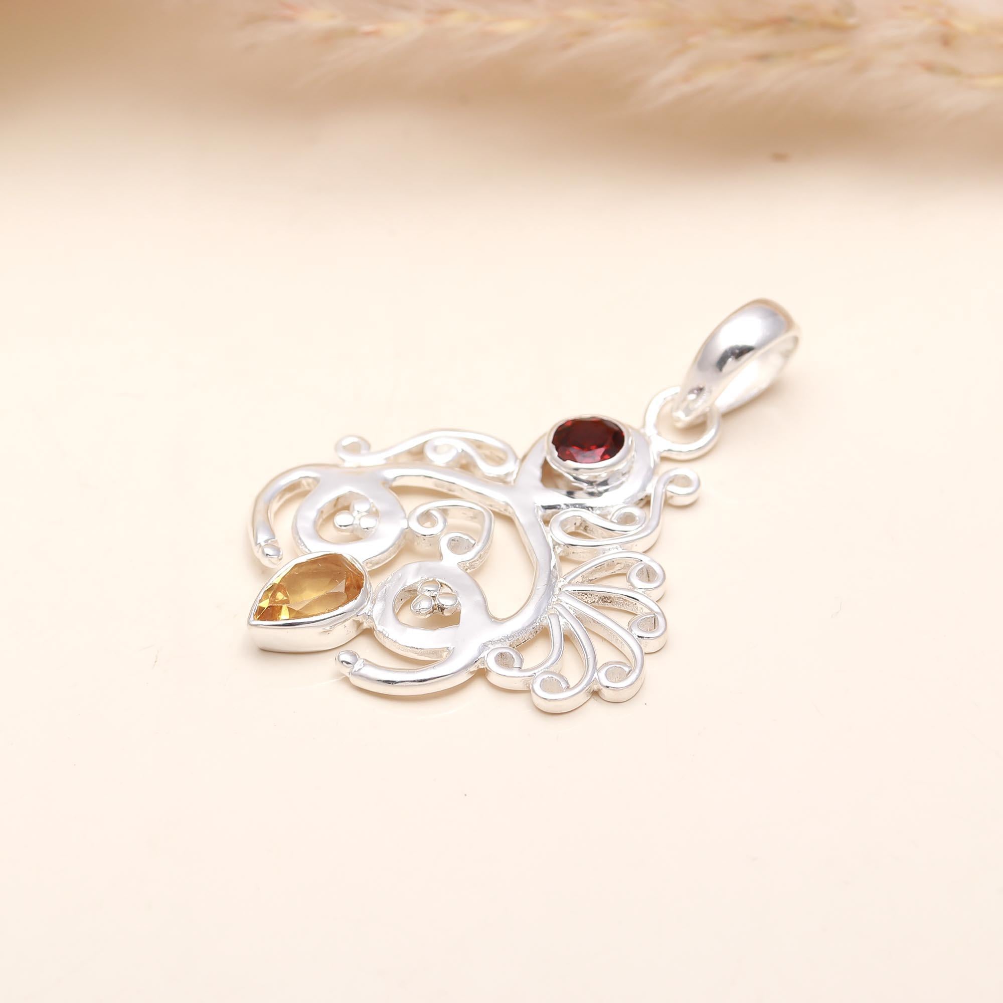 The Artistic Swirl: Garnet & Citrine Sterling Silver Pendant