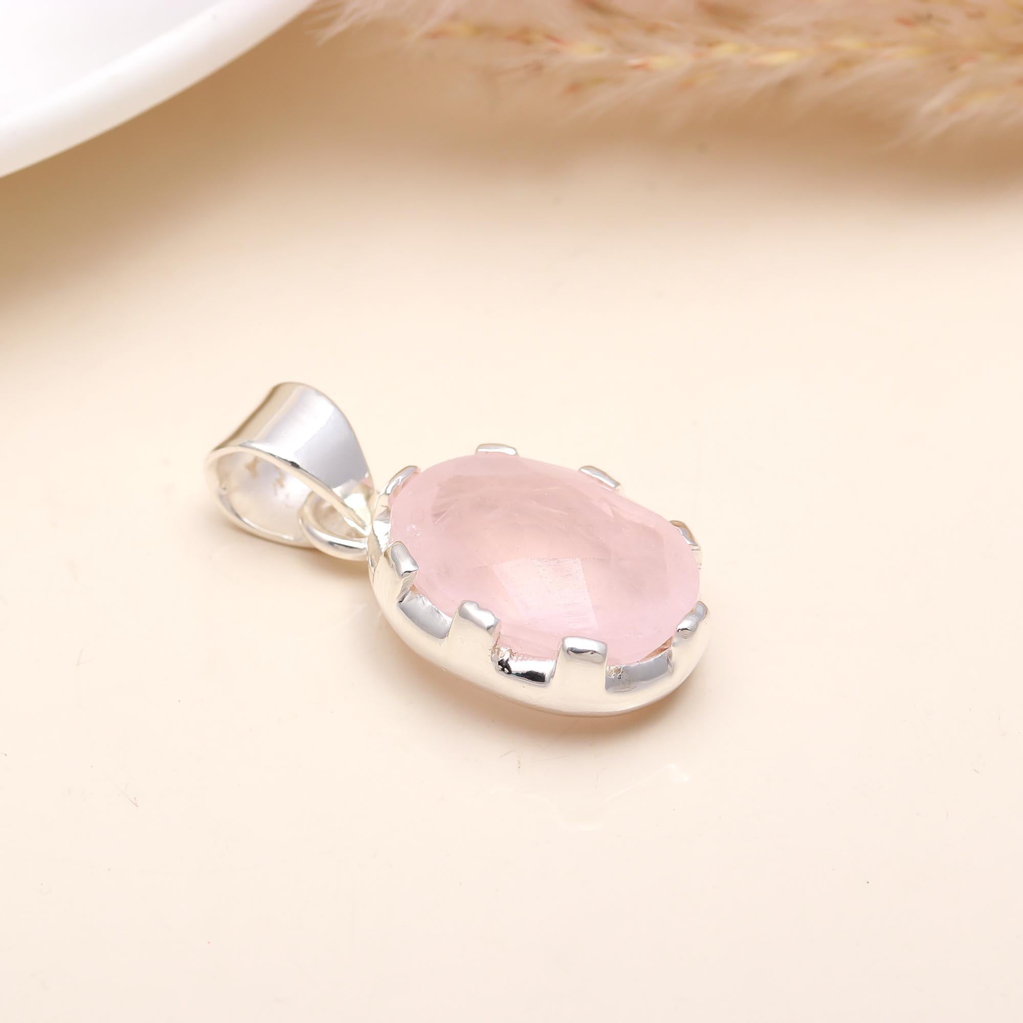Rose Quartz Oval Shape Stone Studded Silver Plated Pendant