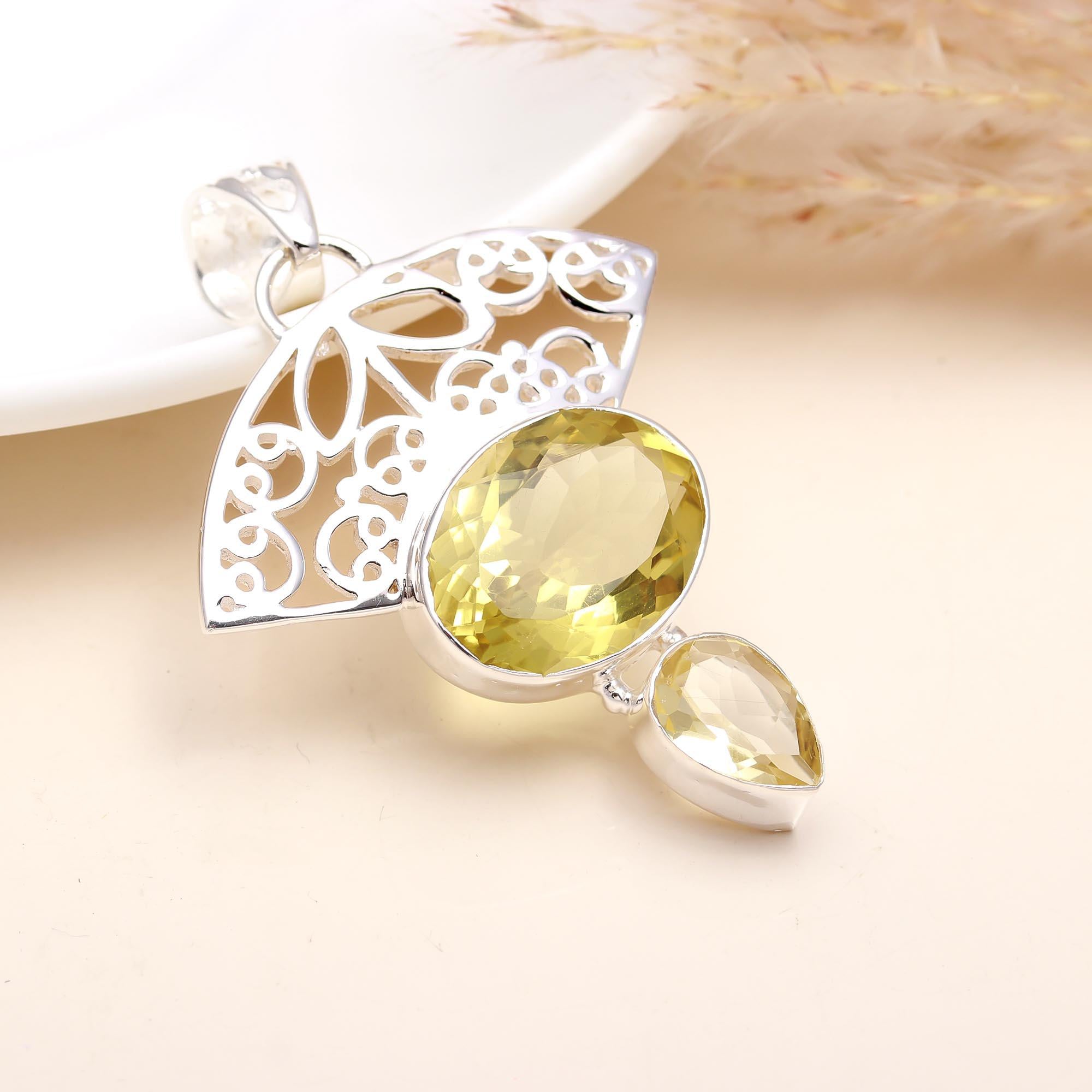 Natural Lemon Quartz Oval Pendant, Solid 925 Sterling Silver Pendant