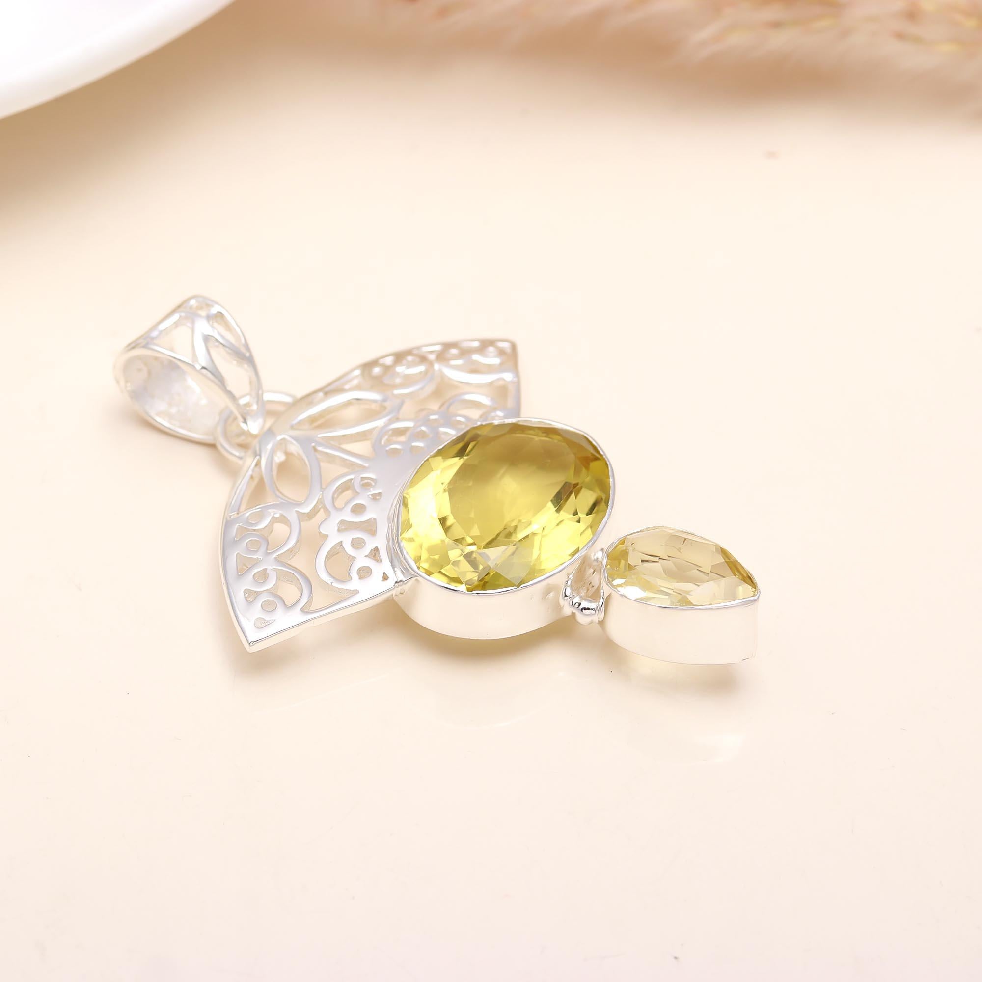 Natural Lemon Quartz Oval Pendant, Solid 925 Sterling Silver Pendant