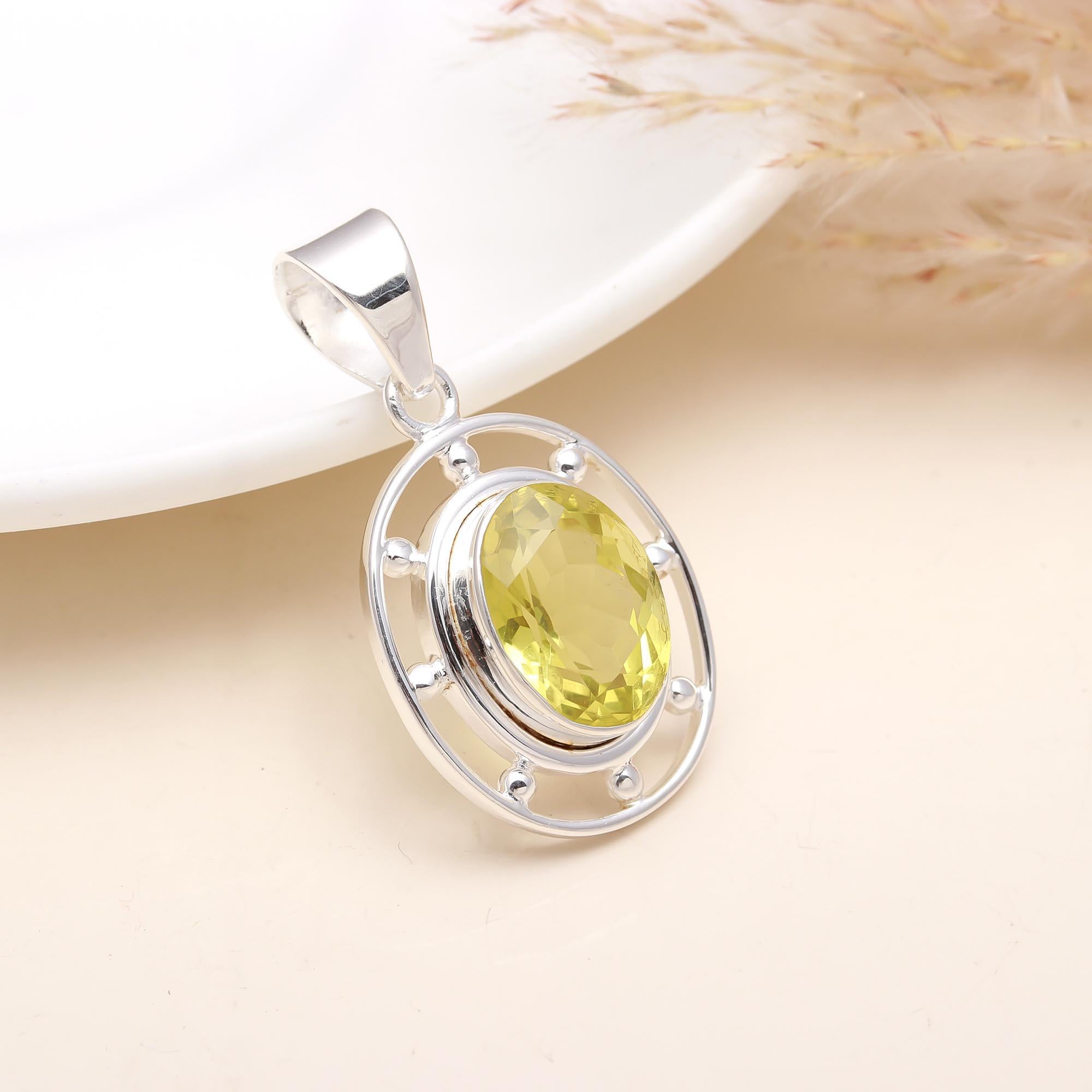 Lemon Quartz Gemstone Sterling Silver Pendant