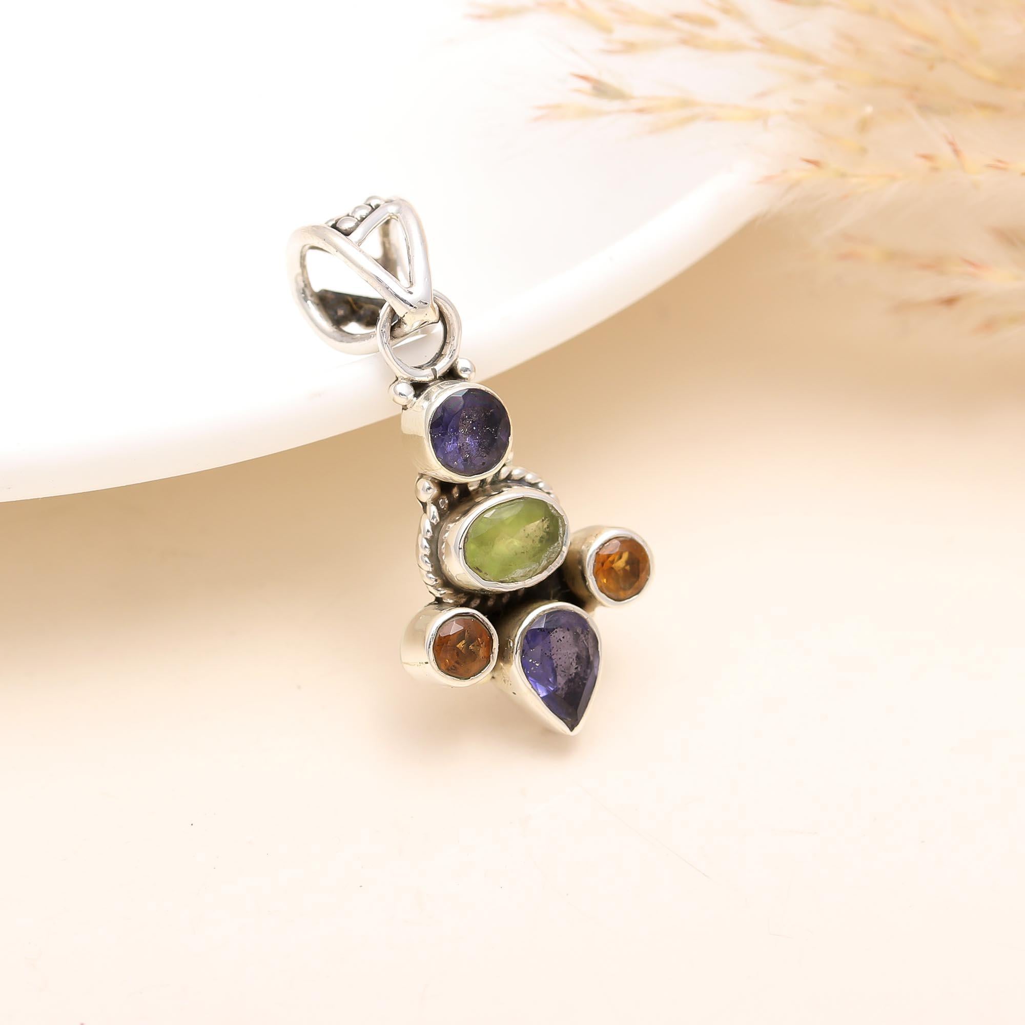 Natural Multi Gemstone Sterling Silver Pendant