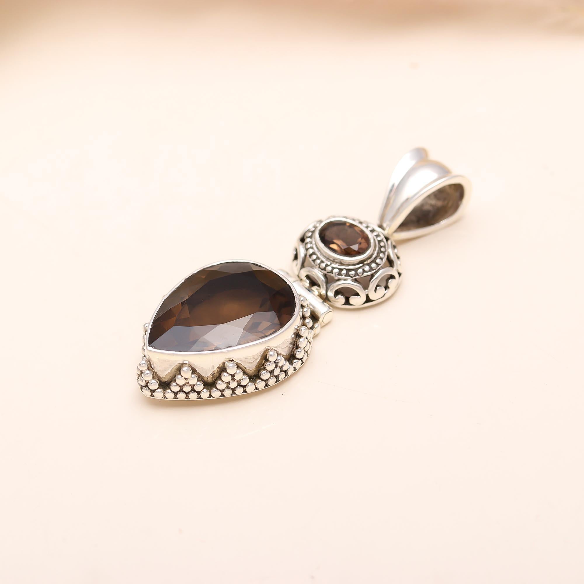 Smoky Quartz Pear Shape Gemstone Silver Pendant