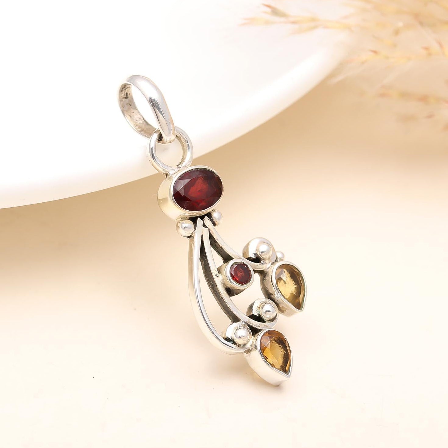 The Autumn Cascade: Vintage Style Garnet & Citrine Pendant