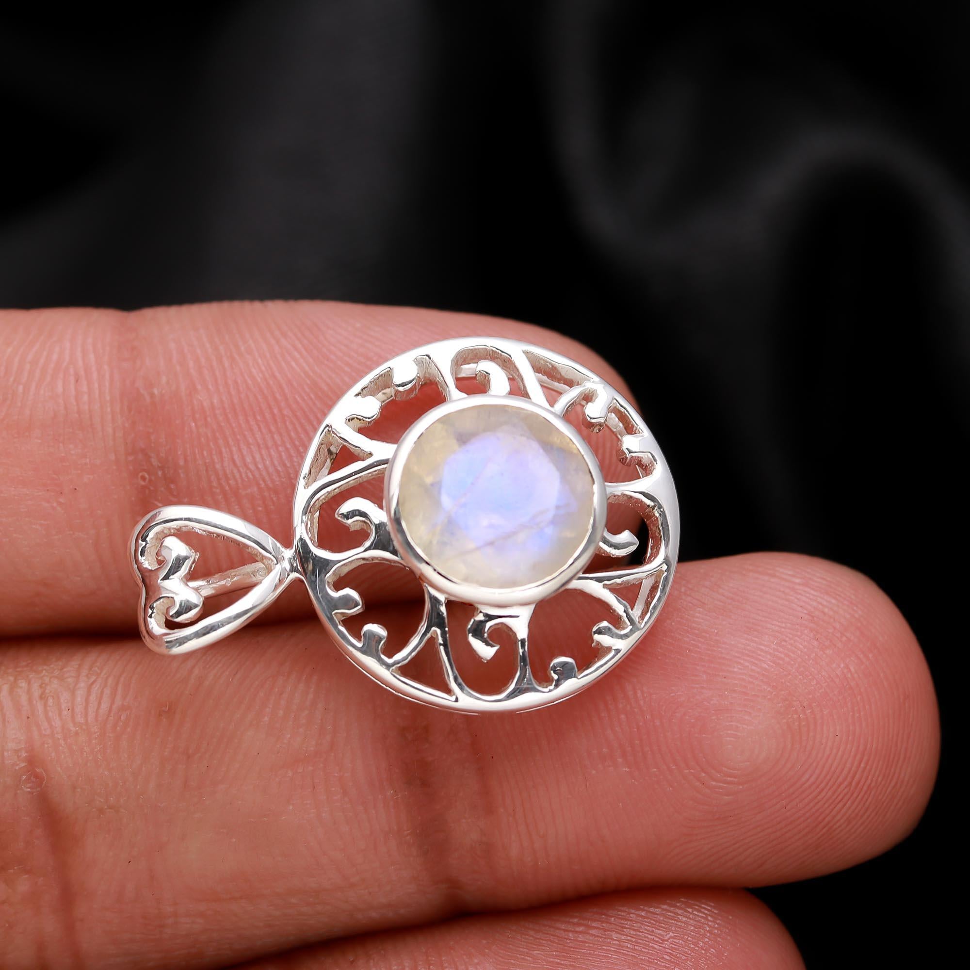 The Moon Mandala: Rainbow Moonstone Filigree Silver Pendant