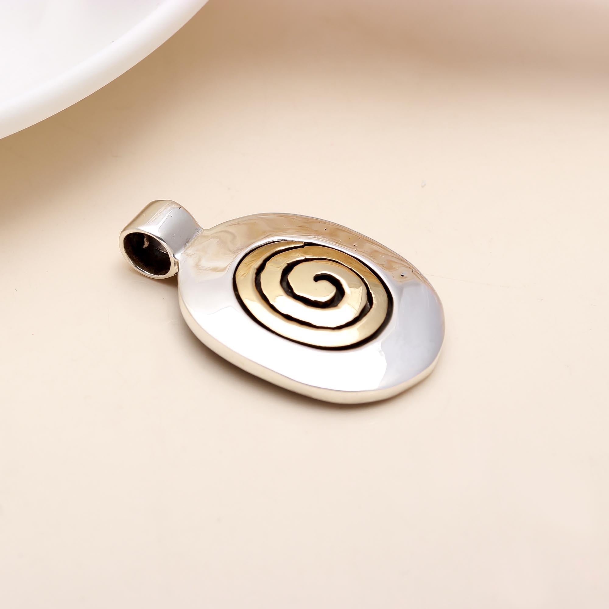 The Golden Spiral: Two-Tone Brass Spiral Oval Silver Pendant