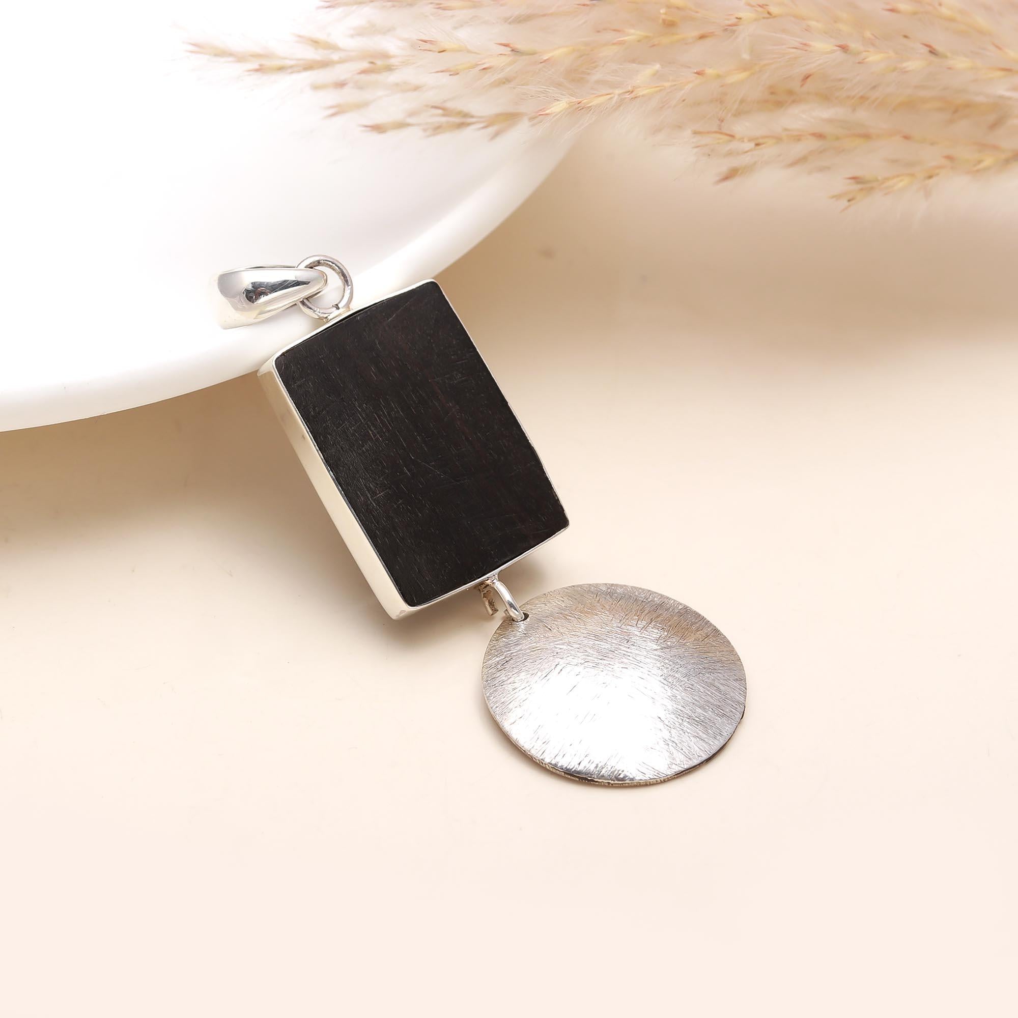 Vintage Sterling Ebony Wood Disc Pendant