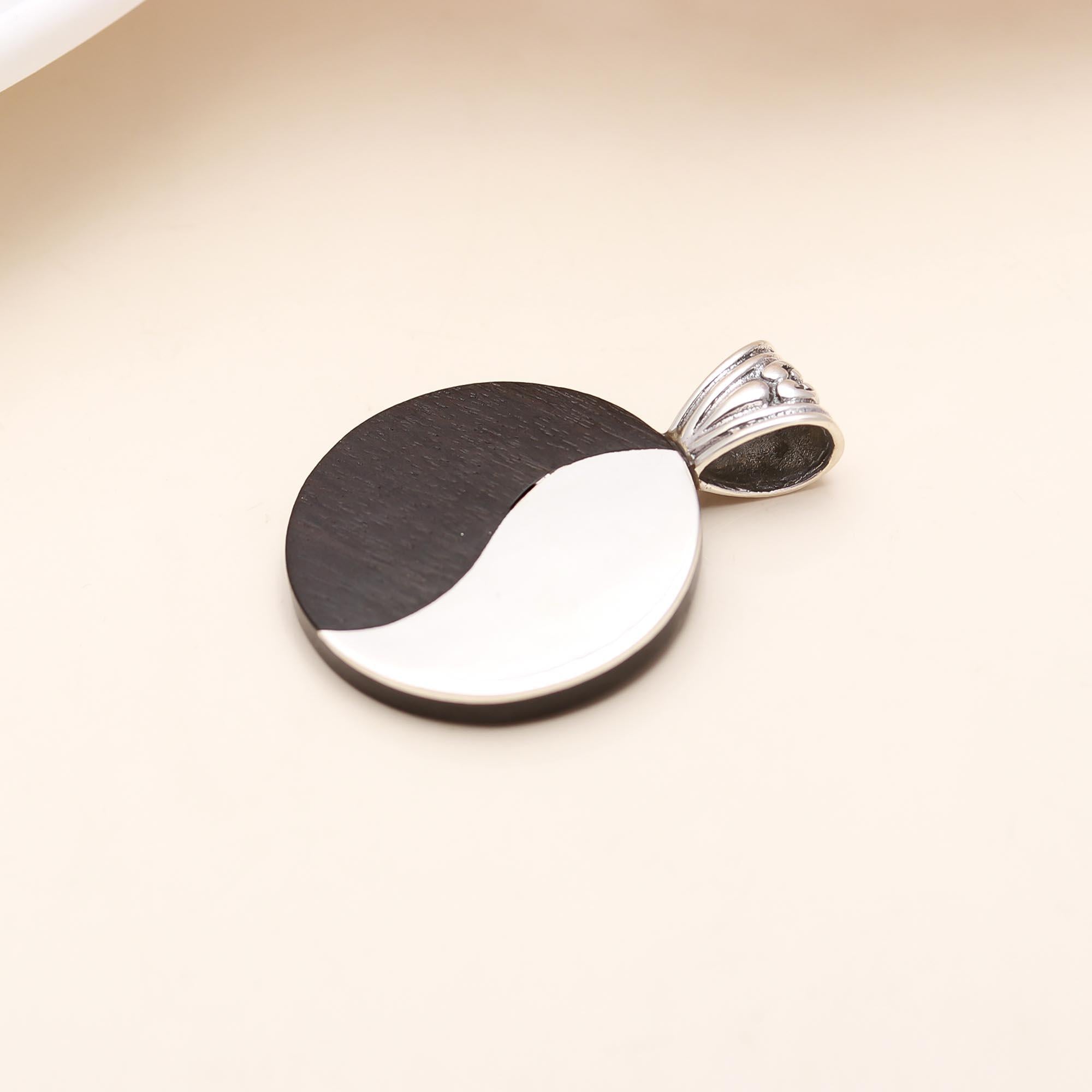 Round Ebony wood and Sterling Silver Pendant